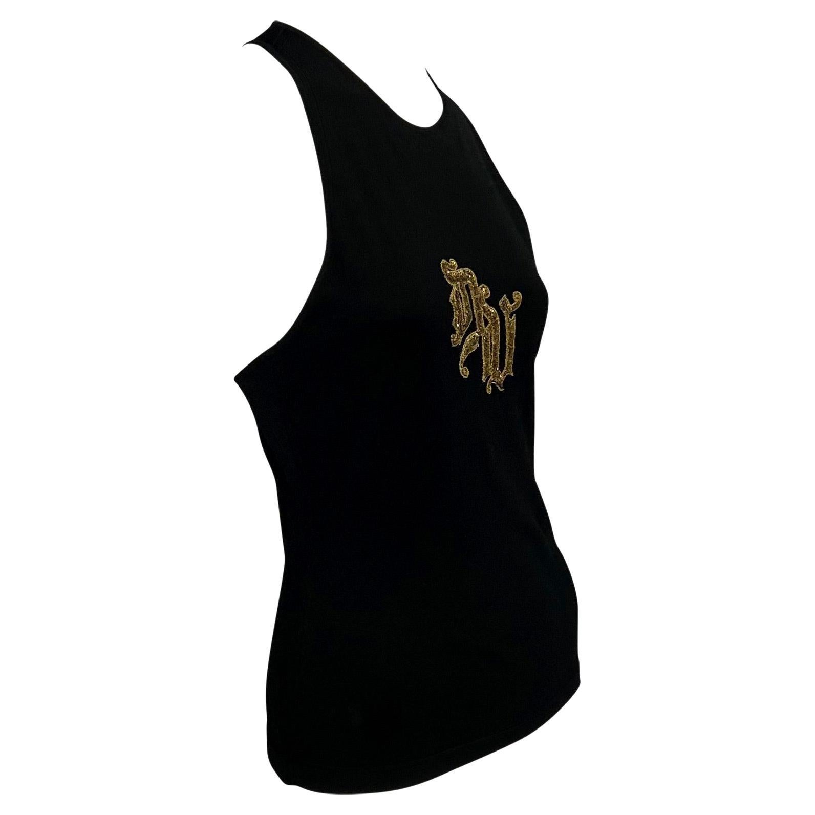 2000s Versace by Donatella Gold Sequin DV Logo Black Stretch Racerback Top Y2K For Sale 1