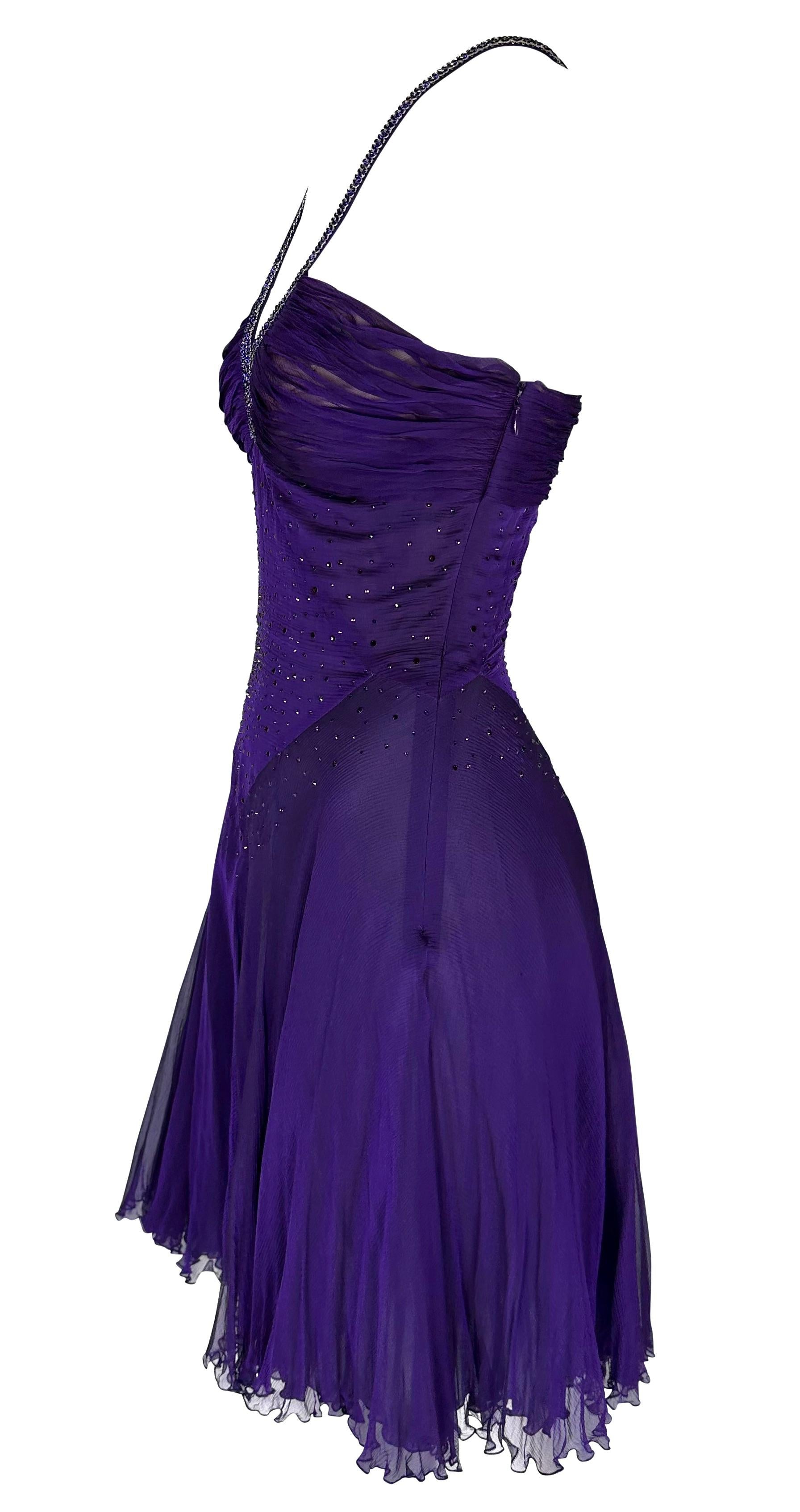 2000s Versace by Donatella Purple Rhinestone Sheer Chiffon Boned Flare Dress Excellent état - En vente à West Hollywood, CA