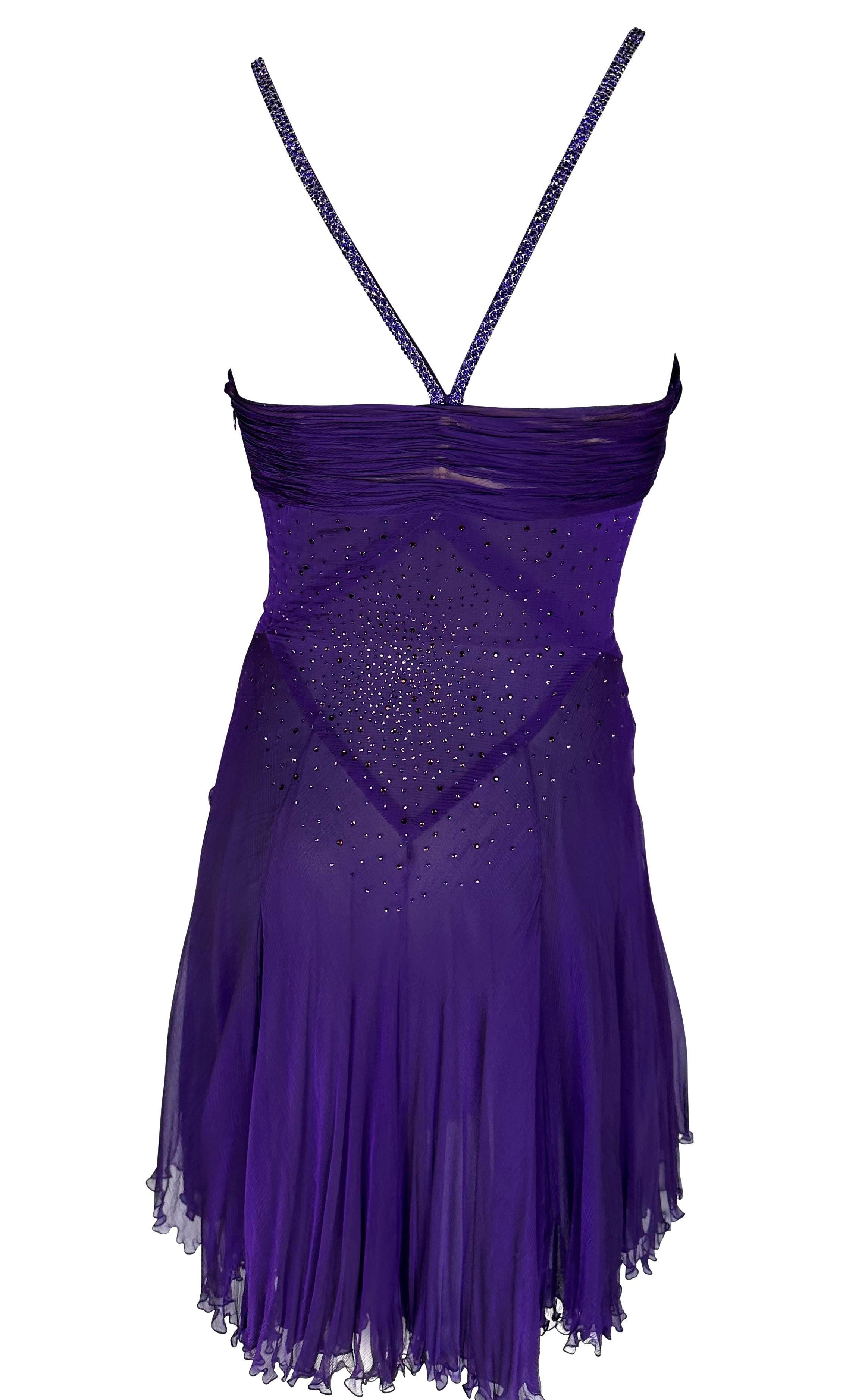 2000s Versace by Donatella Purple Rhinestone Sheer Chiffon Boned Flare Dress Pour femmes en vente