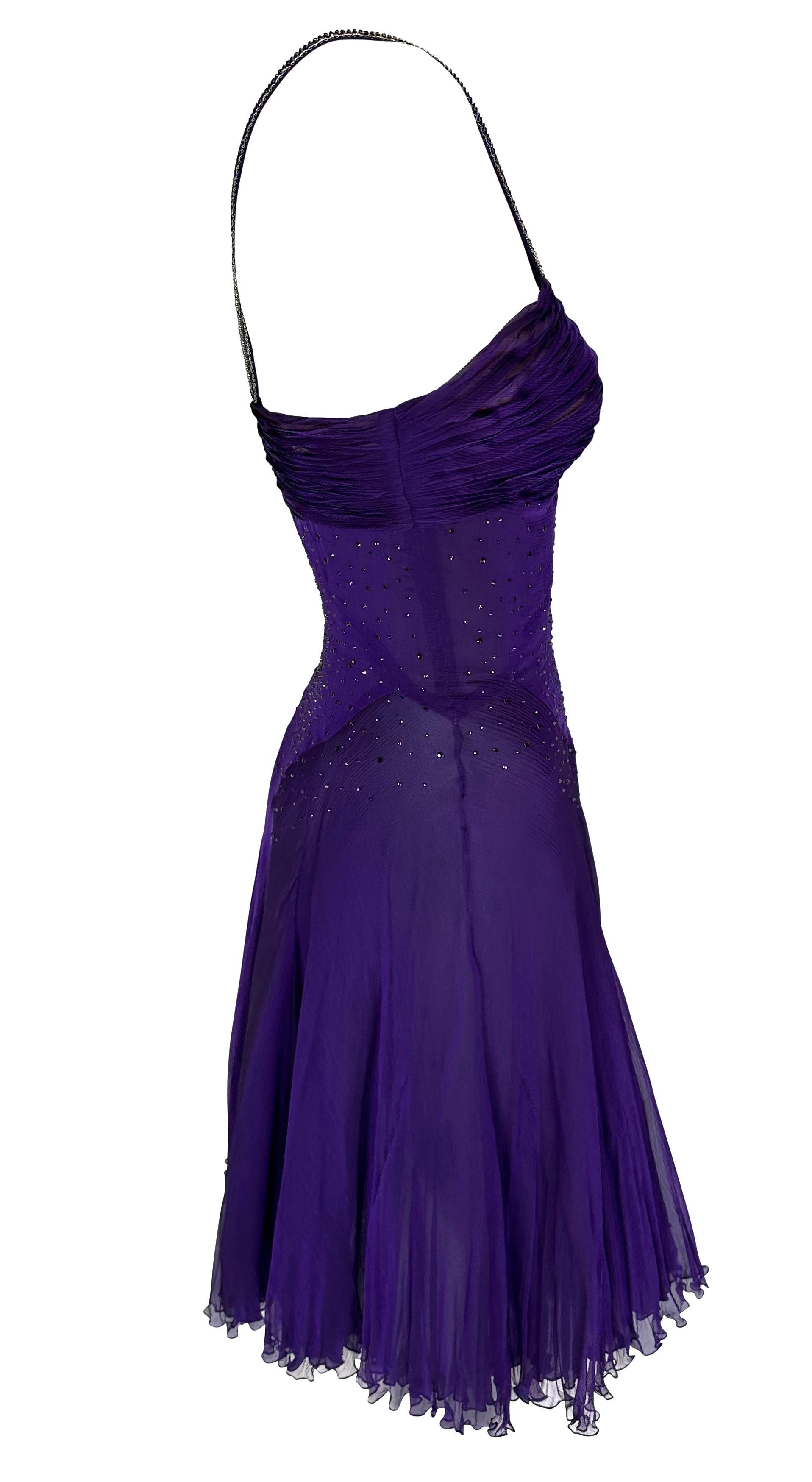 2000s Versace by Donatella Purple Rhinestone Sheer Chiffon Boned Flare Dress en vente 1