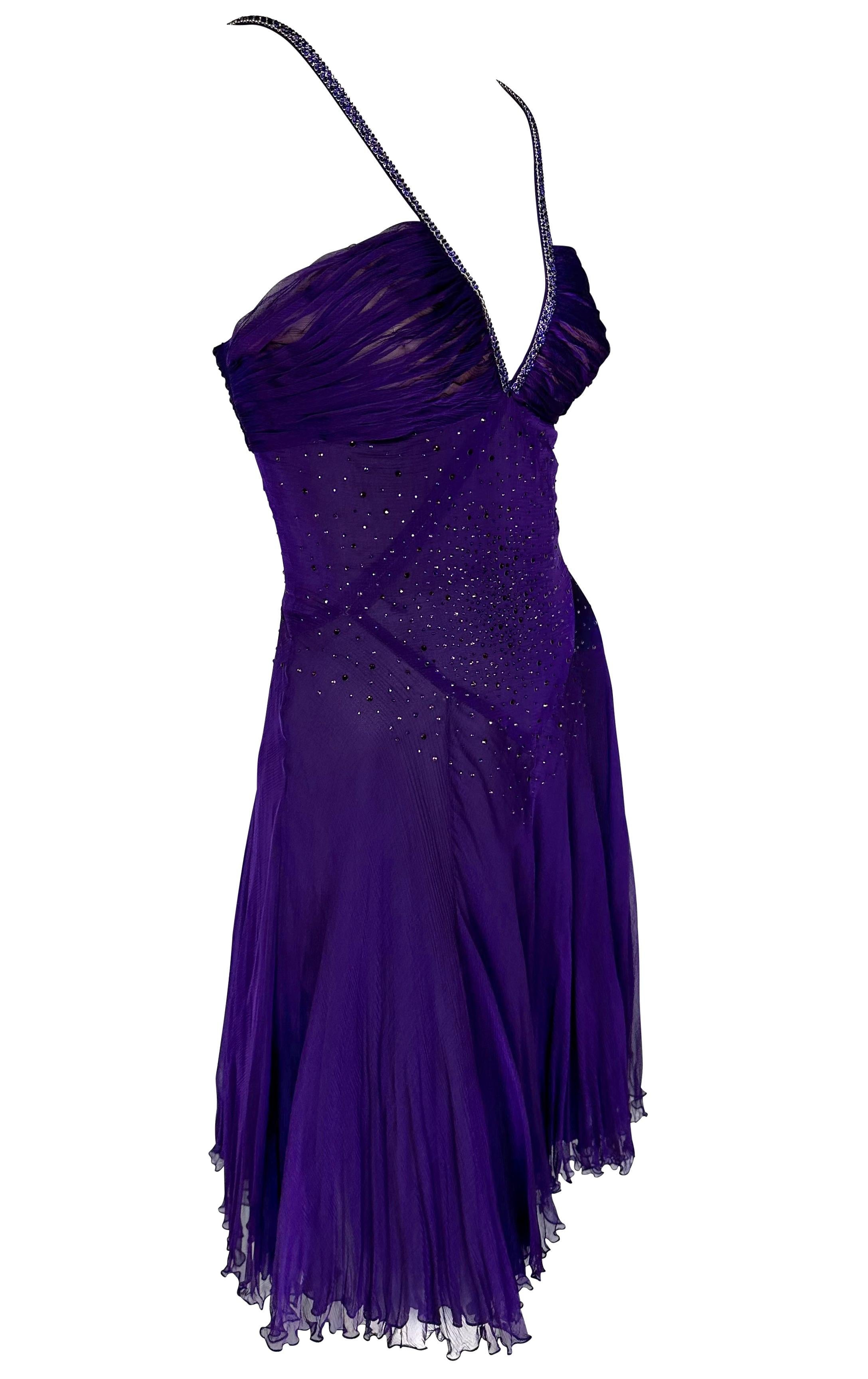 2000s Versace by Donatella Purple Rhinestone Sheer Chiffon Boned Flare Dress In Excellent Condition For Sale In West Hollywood, CA