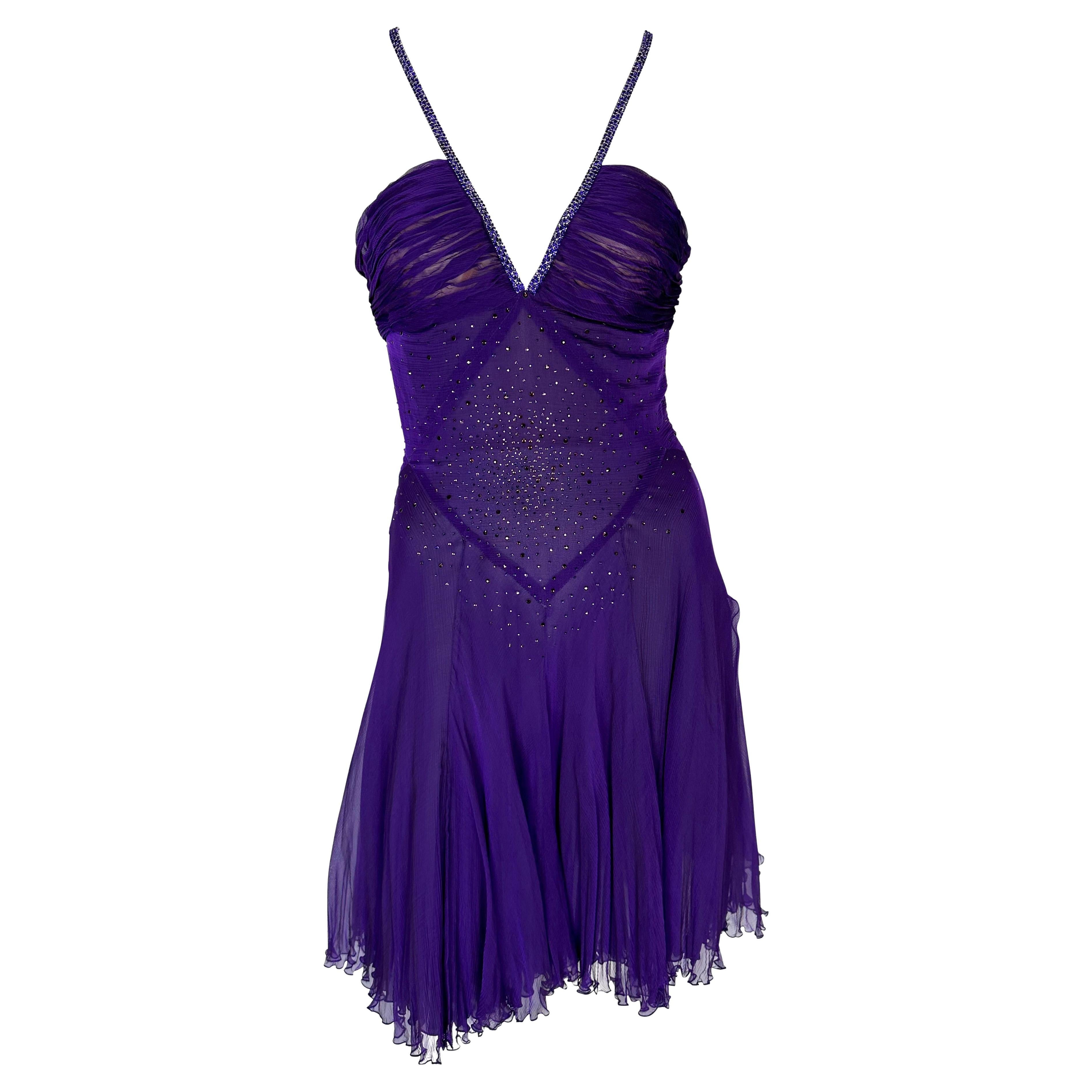 2000s Versace by Donatella Purple Rhinestone Sheer Chiffon Boned Flare Dress For Sale