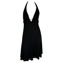 2000s Versace by Donatella Rhinestone Medusa Black Halter-Neck Flare Mini Dress
