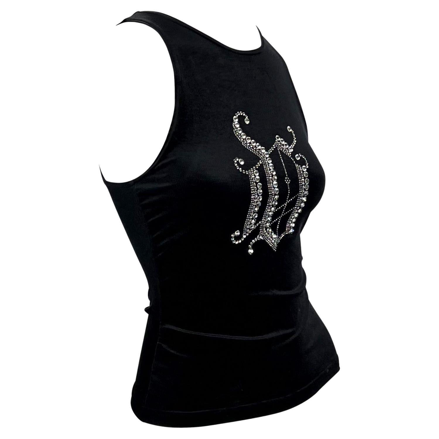 2000s Versace by Donatella Rhinestone Monogram Logo Black Velvet Stretch Tank In Excellent Condition For Sale In West Hollywood, CA