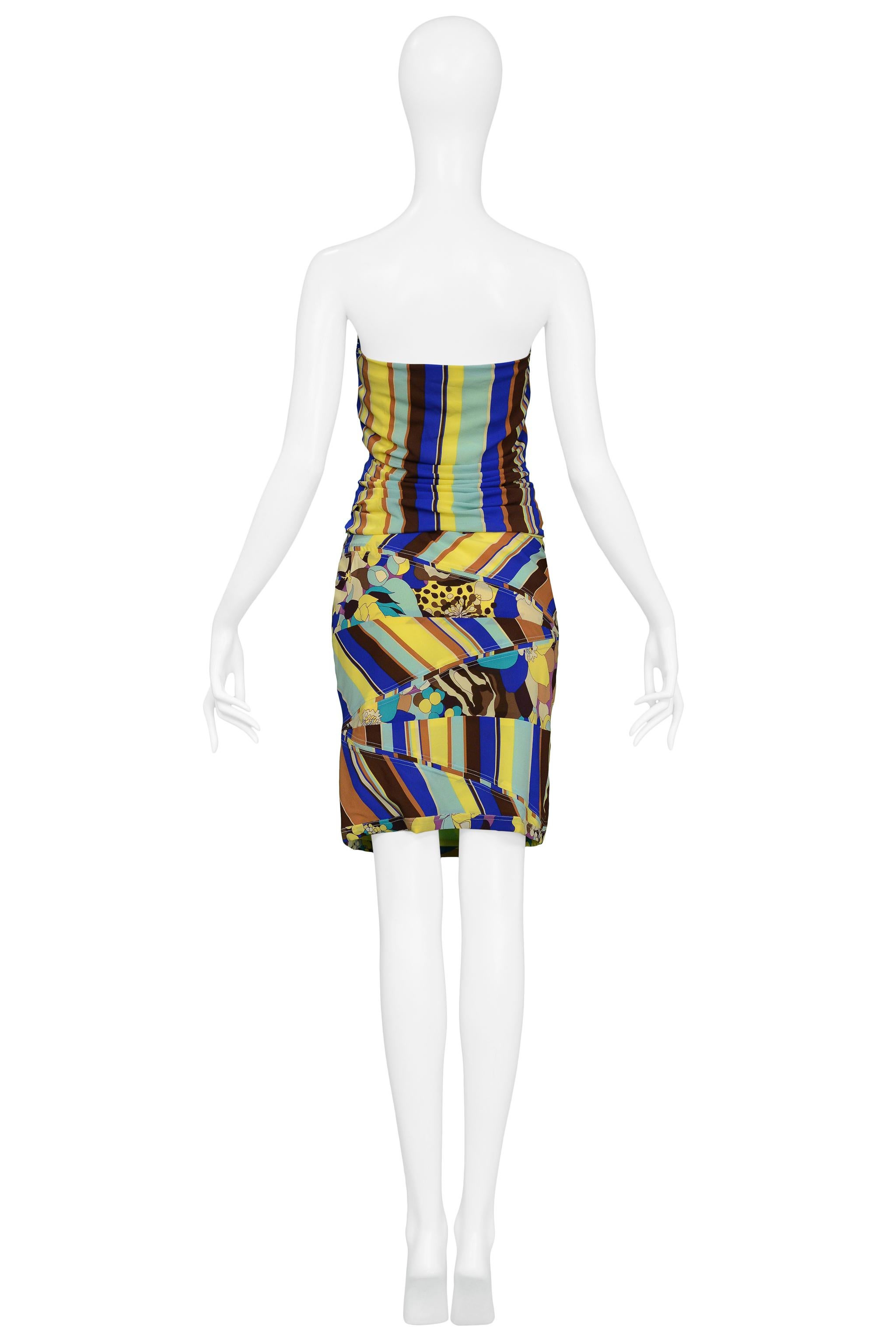 2000s Versace Floral And Stripes Strapless Bustier And Skirt Ensemble In Excellent Condition For Sale In Los Angeles, CA