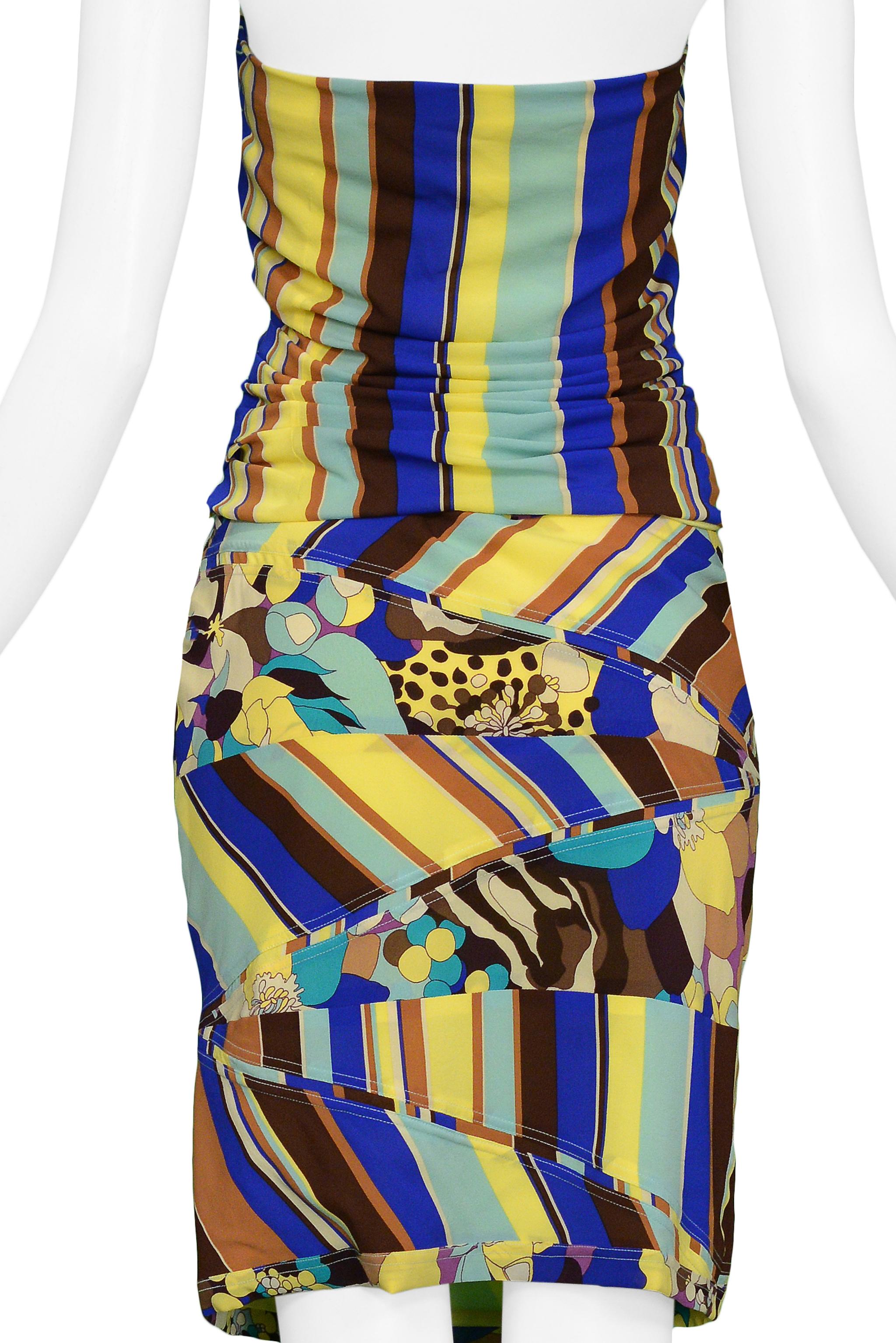 Women's 2000s Versace Floral And Stripes Strapless Bustier And Skirt Ensemble For Sale