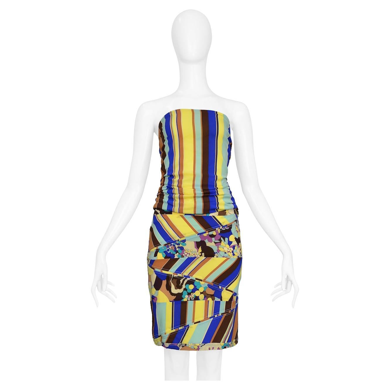 2000s Versace Floral And Stripes Strapless Bustier And Skirt Ensemble For Sale