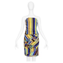 2000s Versace Floral And Stripes Strapless Bustier And Skirt Ensemble