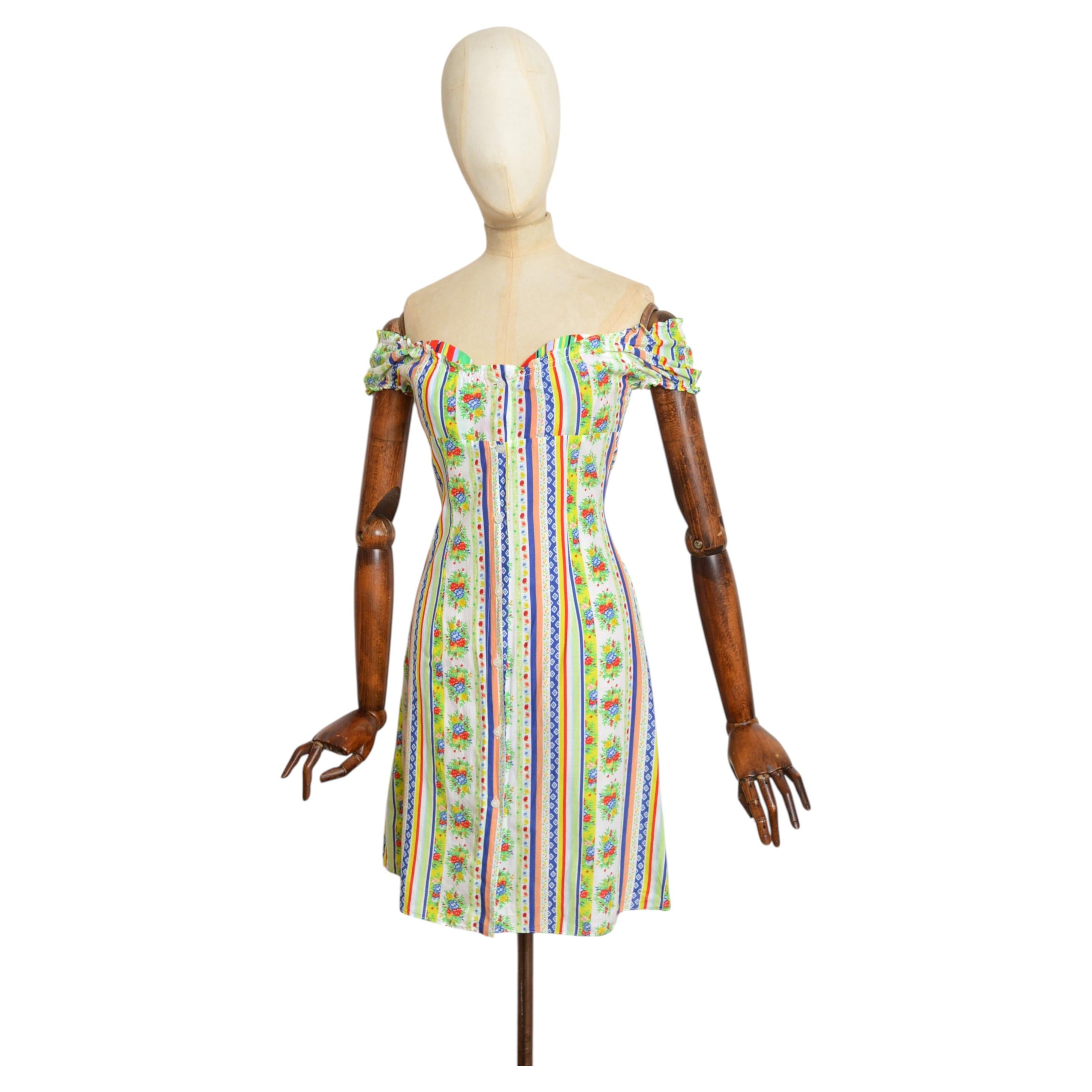 2000's Versace Floral & Striped colourful Prairie Summer Dress - Off shoulder