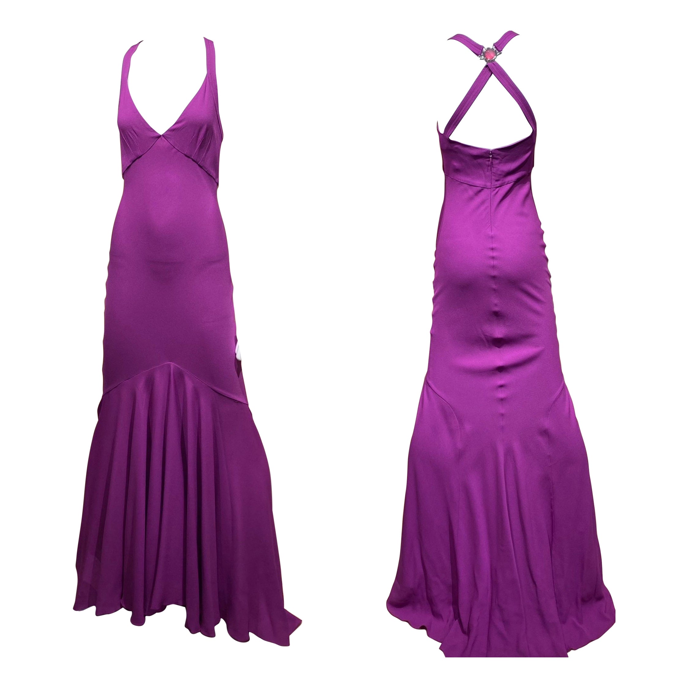 Versace-Kollektion aus den 2000er Jahren: Orchideenfarbenes Crêpe-Kleid mit Medusa-Motiv und offenem Rücken im Meerjungfrauen-Schnitt, Größe 40