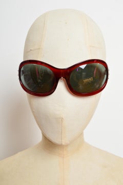 2000s VERSACE Ruby Red Clear Rounded Frame Oversized Diamonté Sunglasses