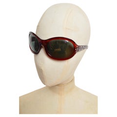 2000s VERSACE Ruby Red Clear Rounded Frame Oversized Diamonté Sunglasses