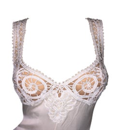 2000s Versace Sheer Ivory Silk Lace 1940s Old Hollywood Pin-Up Gown Dress S/M