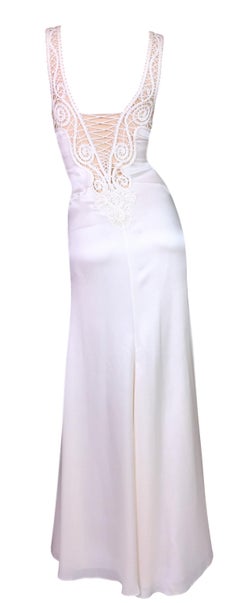 2000's Versace Sheer Ivory Silk Lace Old Hollywood 1940s Style Pin-Up Gown Dress