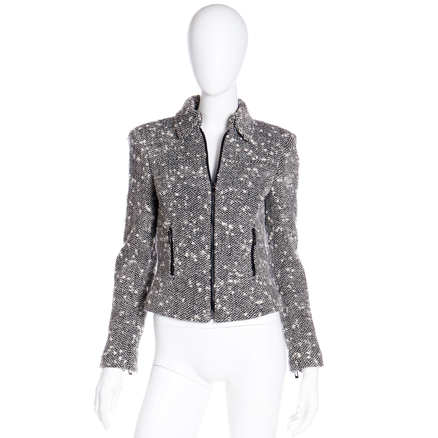Gray 2000s Versace Textured Black & White Boucle Zip Front Jacket For Sale