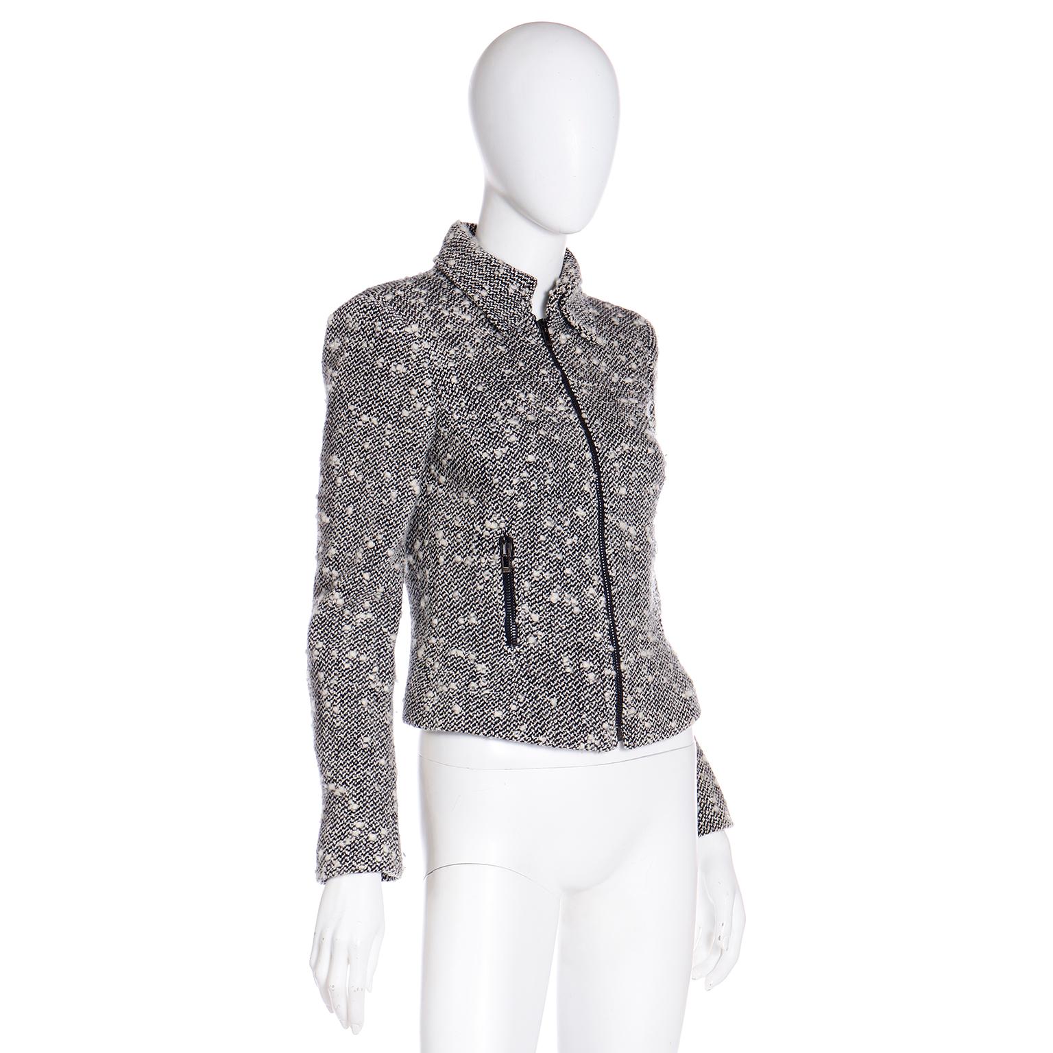 2000s Versace Textured Black & White Boucle Zip Front Jacket In Excellent Condition For Sale In Portland, OR