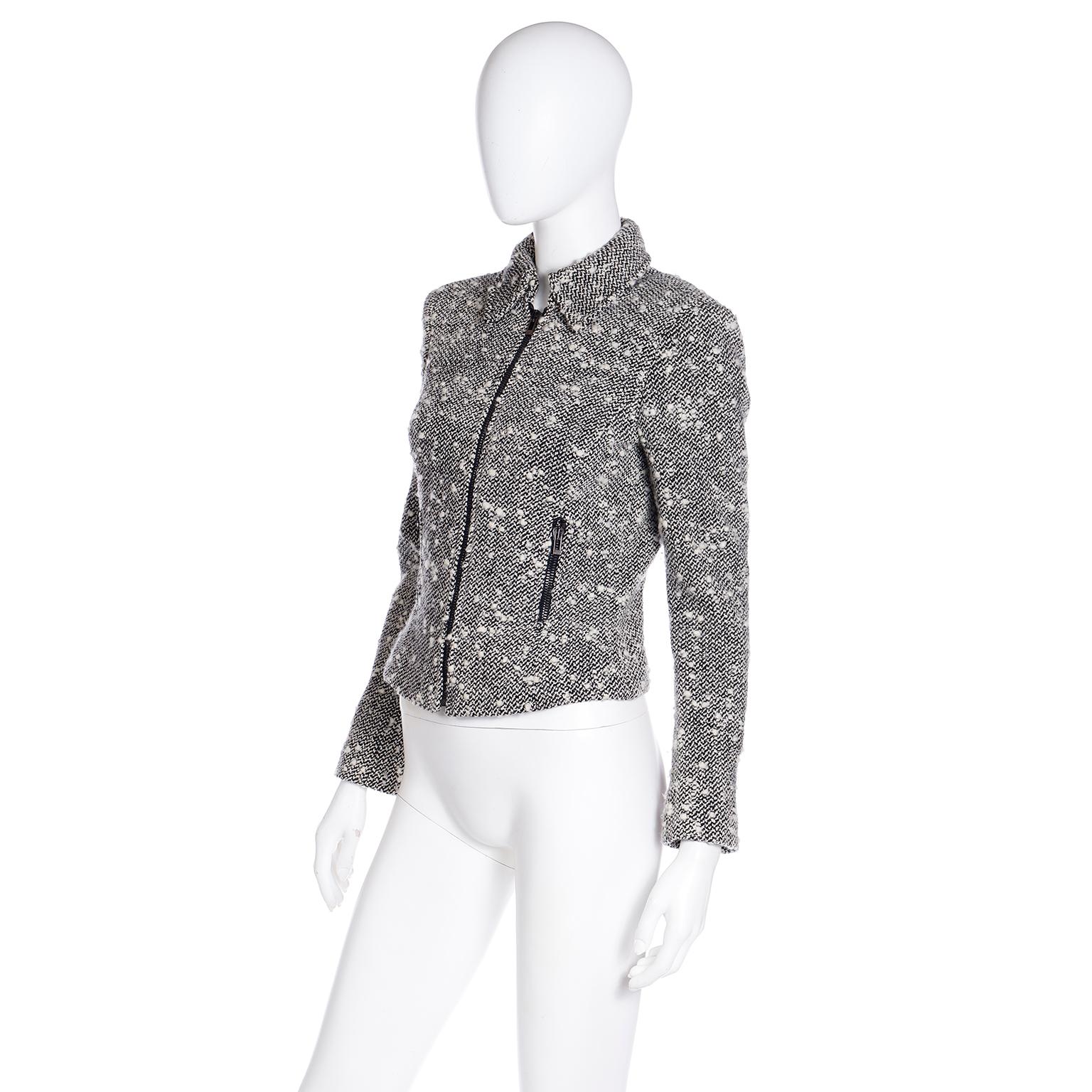 2000s Versace Textured Black & White Boucle Zip Front Jacket For Sale 1
