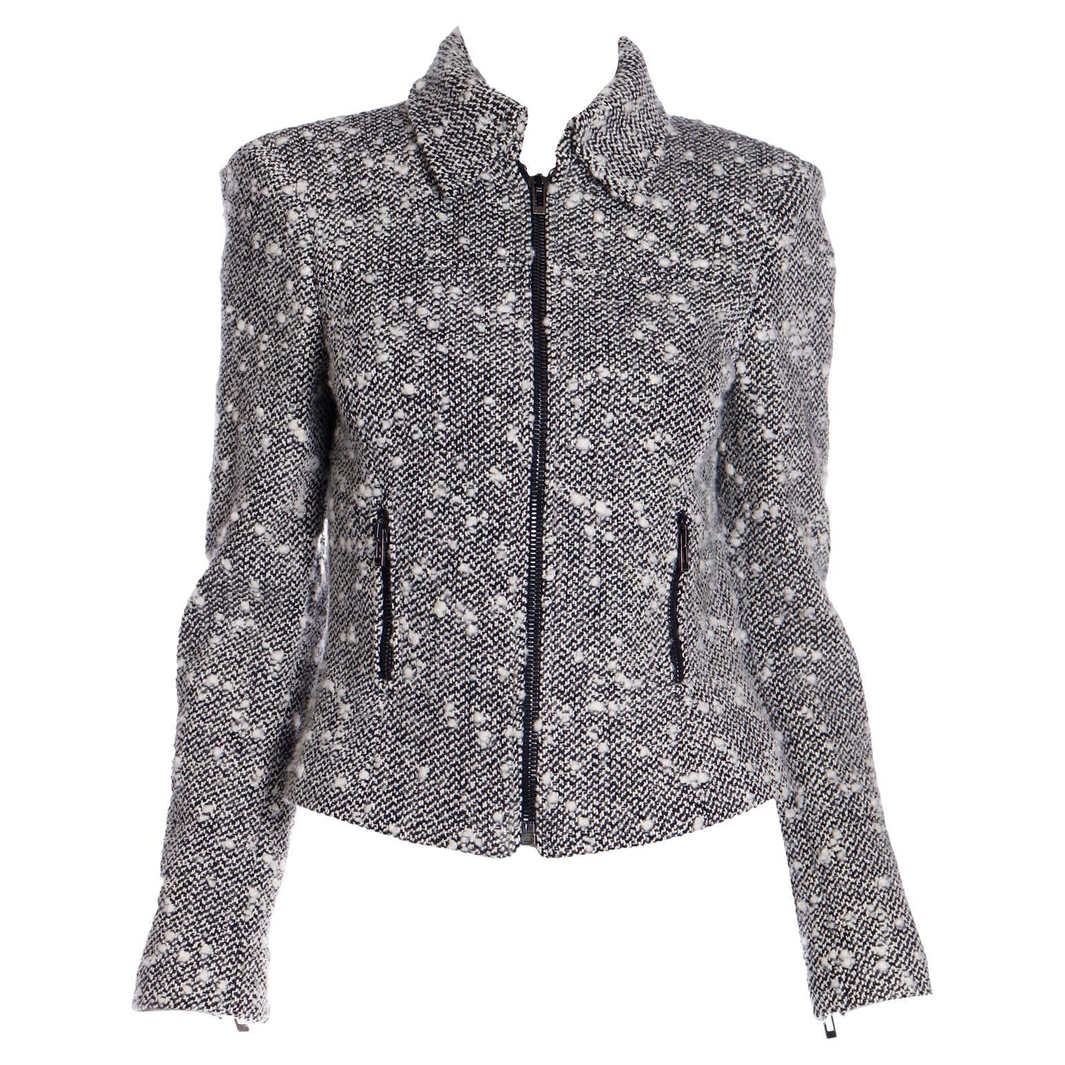 2000s Versace Textured Black and White Boucle Zip Front Jacket For Sale ...