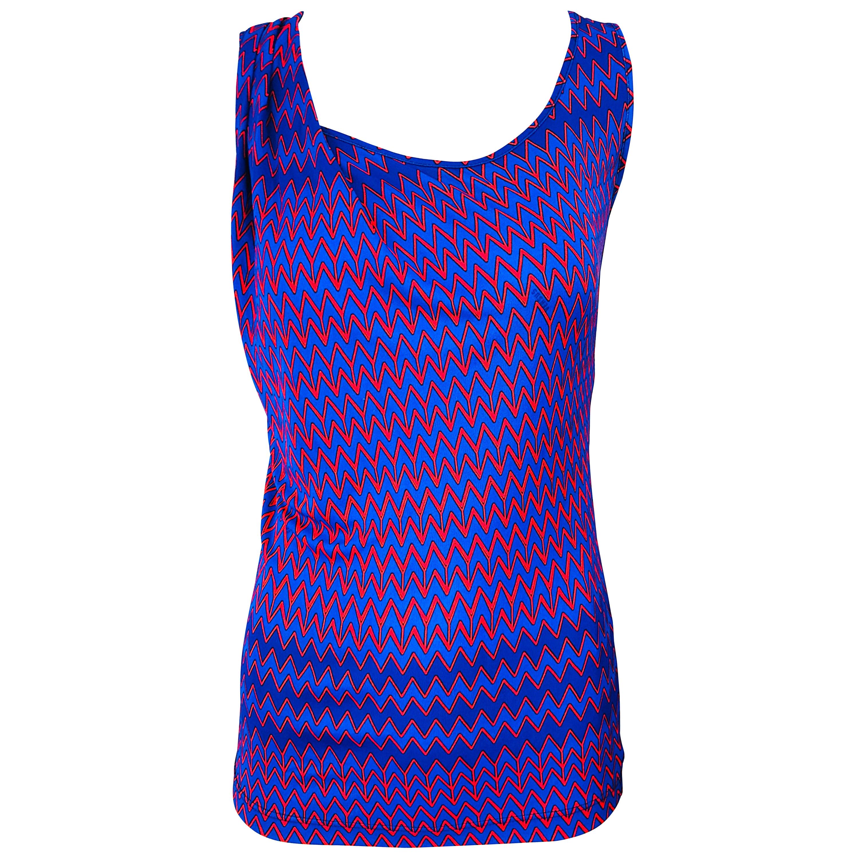 2000s Versace Versus Blue + Red Rayon Jersey Chevron Print Sleeveless Shirt Top