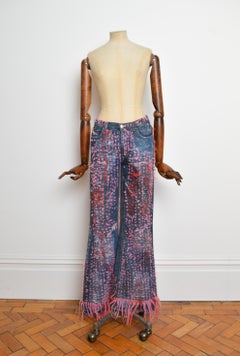 2000’s Vintage Avant Guard Pink Fringed Wool Low Rise Flared Jeans