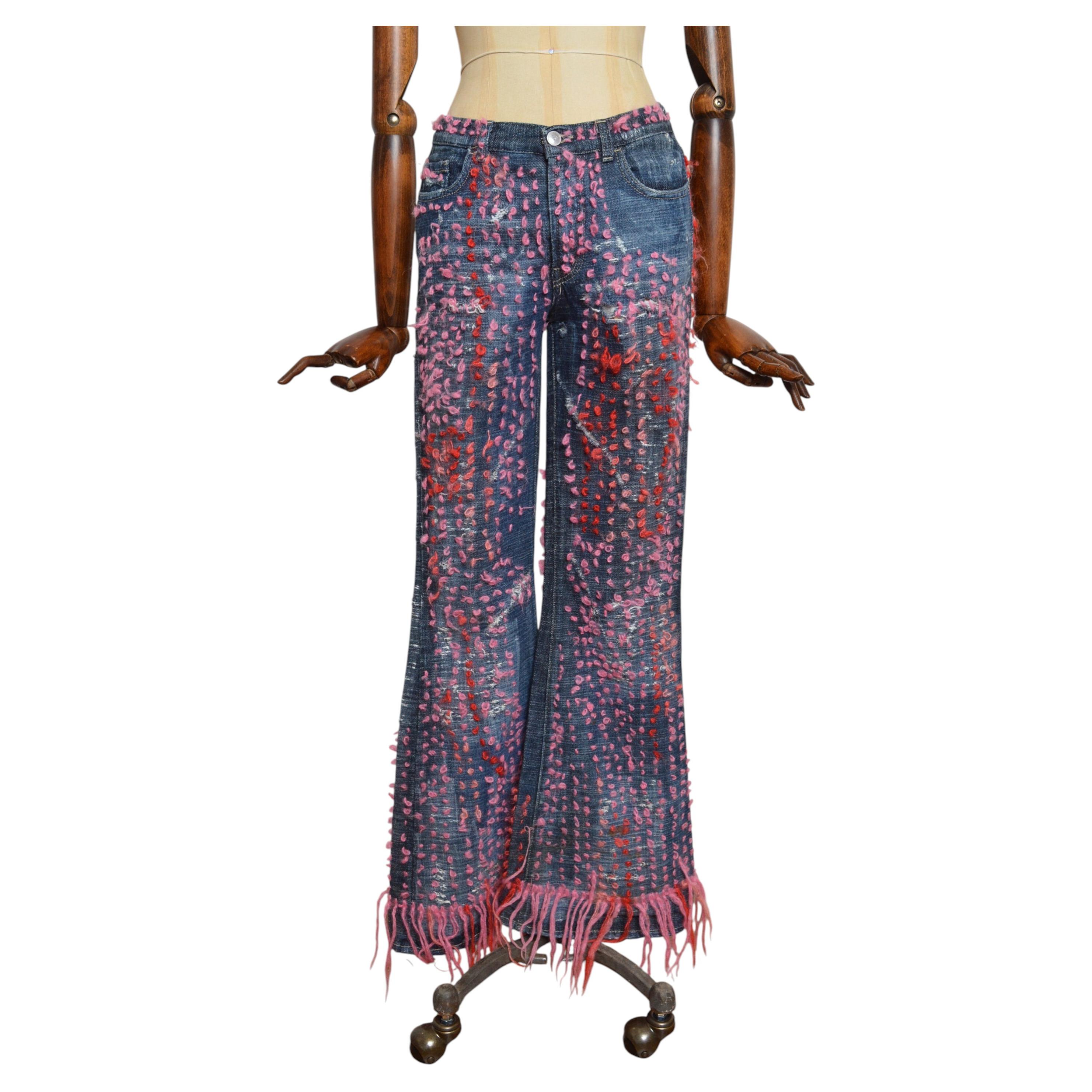2000’s Vintage Avant Guard Pink Fringed Wool Low Rise Flared Jeans
