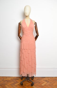 2000’s Vintage Blush Pink Silk Hand Beaded Ethereal Draped Dress with Shawl