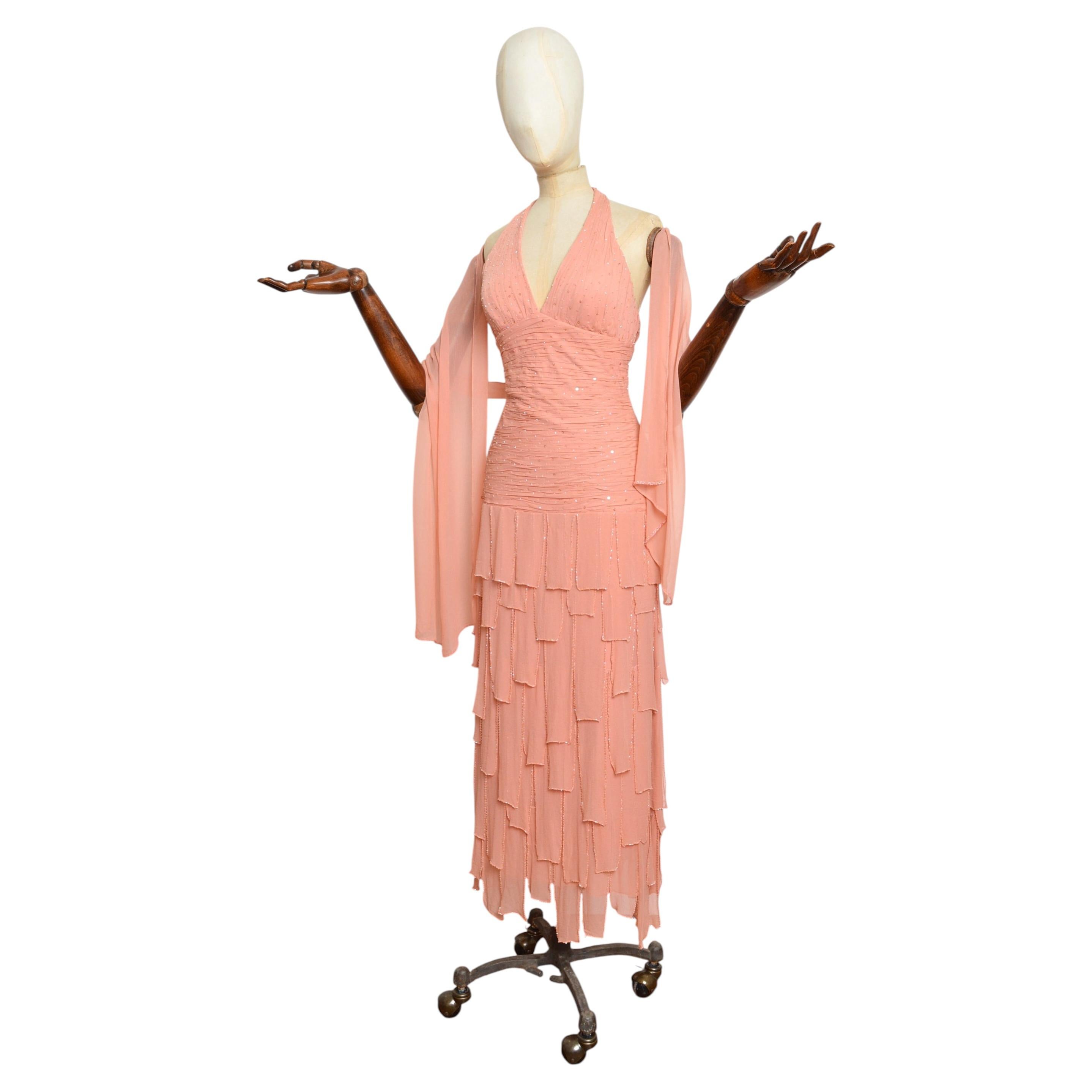 2000’s Vintage Blush Pink Silk Hand Beaded Ethereal Draped Dress with Shawl