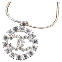 2000s Vintage CHANEL Silver Toned Rhinestone CC Charm Necklace