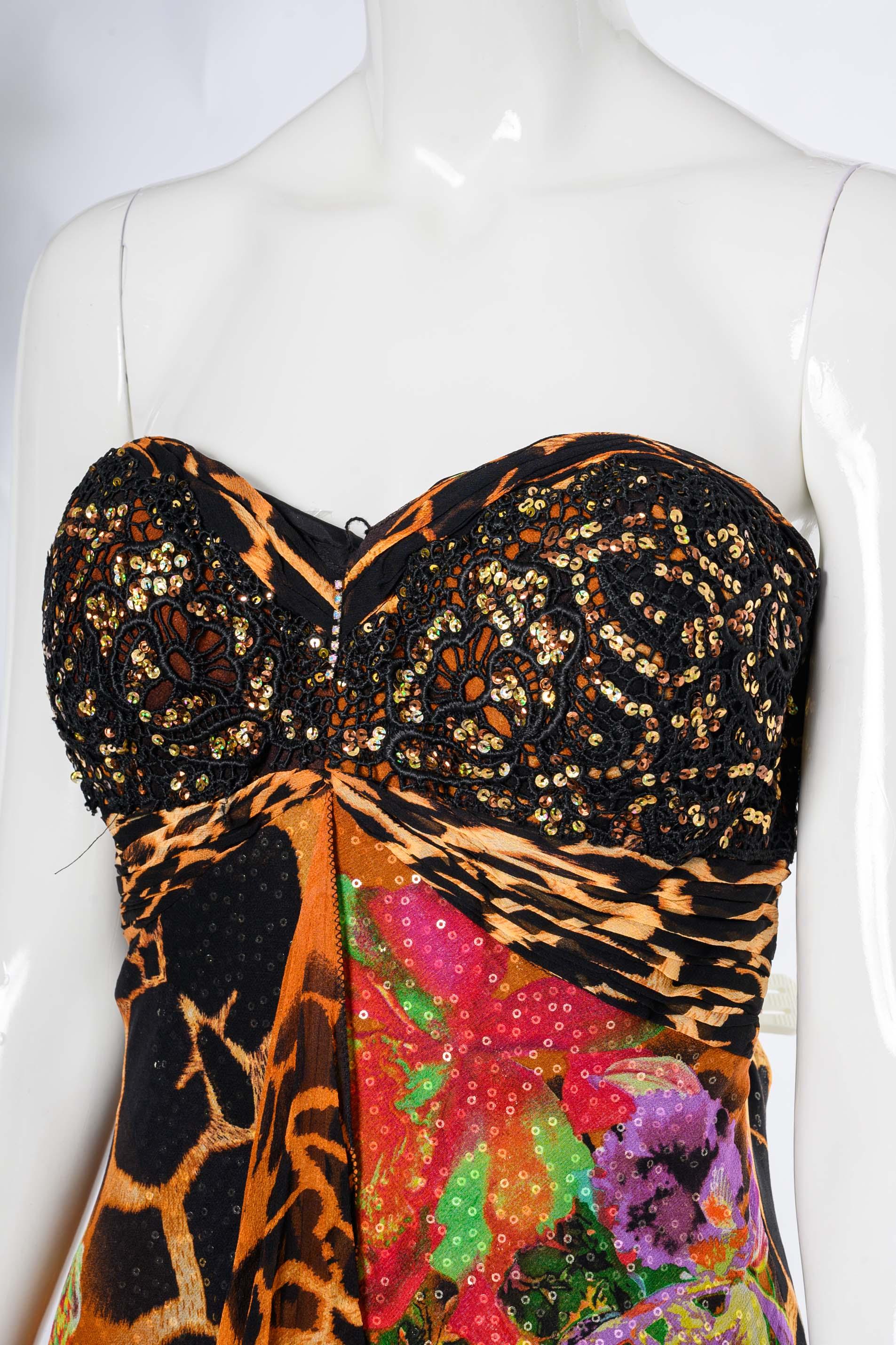 Beige 2000s Vintage Diane Freis Tropical Leopard Print Strapless Evening Dress For Sale