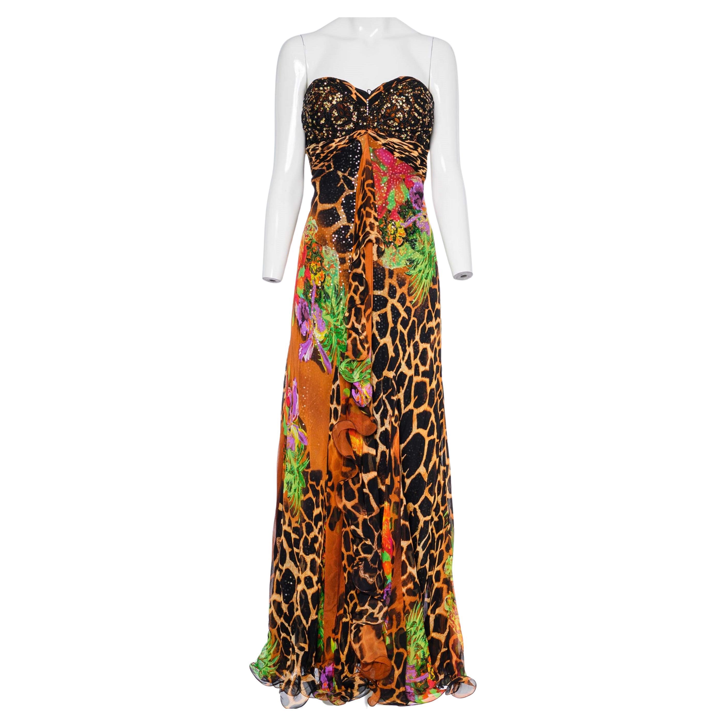 2000s Vintage Diane Freis Tropical Leopard Print Strapless Evening Dress