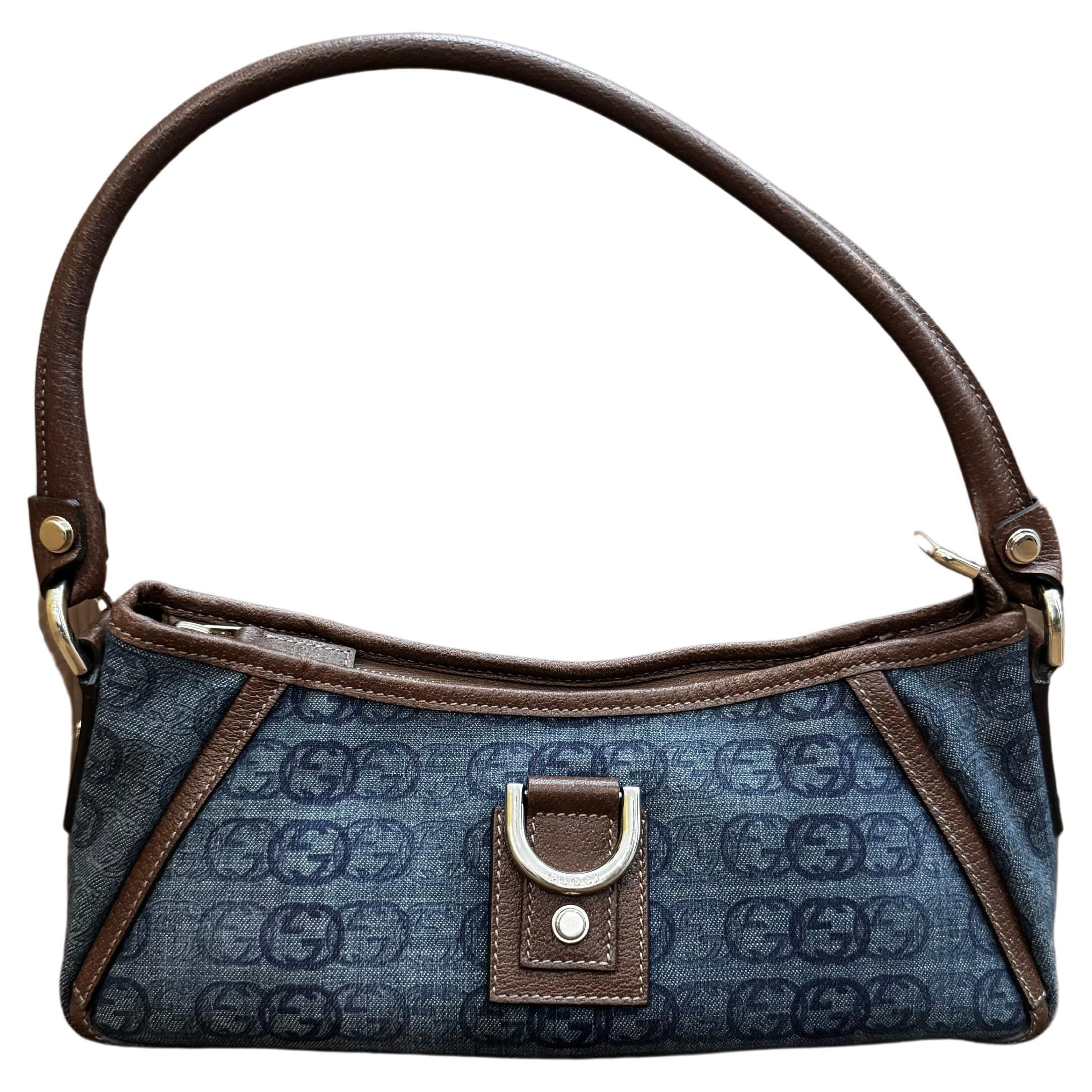 2000s Vintage GUCCI Blue Denim D-Ring Abbey Baguette Shoulder Bag 