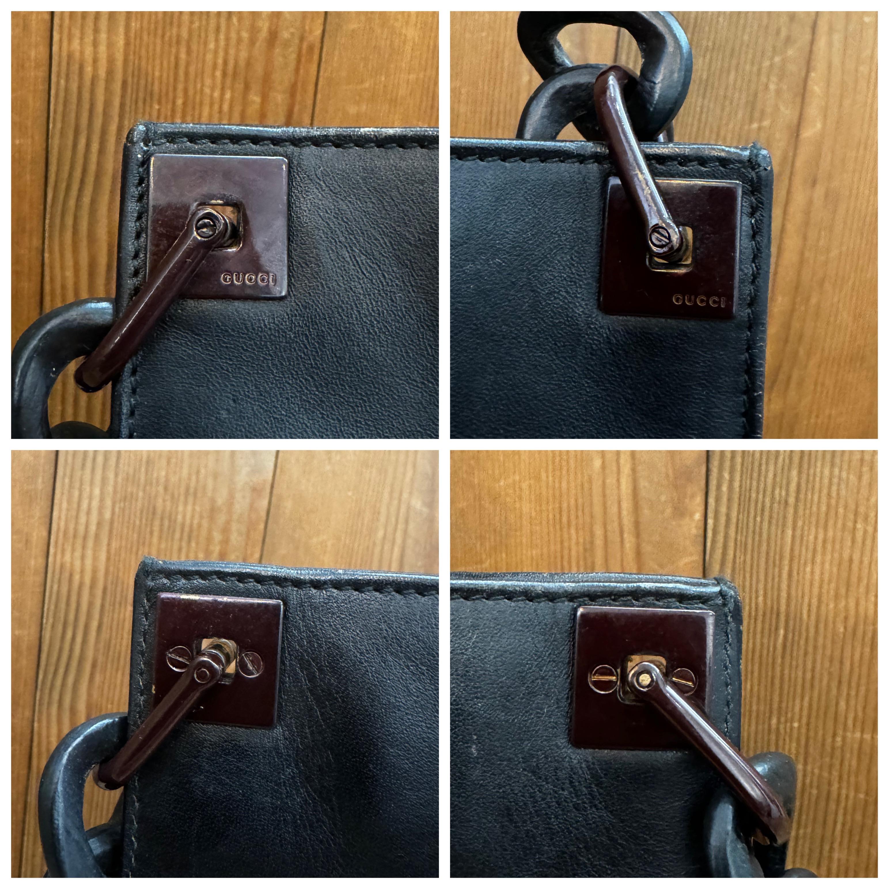 2000s Vintage GUCCI Calfskin Leather Flat Messenger Bag Black Wood 1