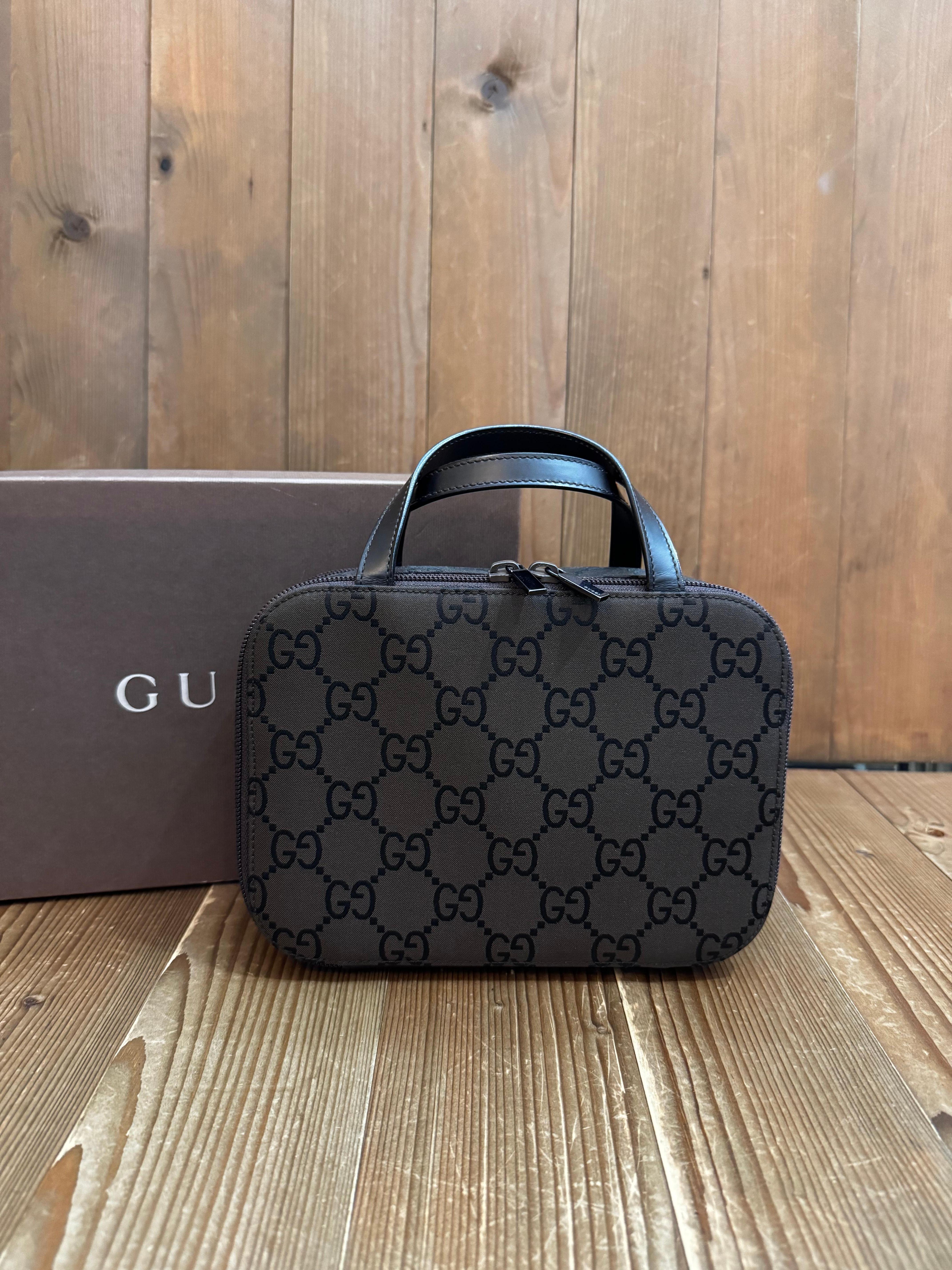 Black 2000s Vintage GUCCI GG Monogram Nylon Vanity Handbag Brown For Sale