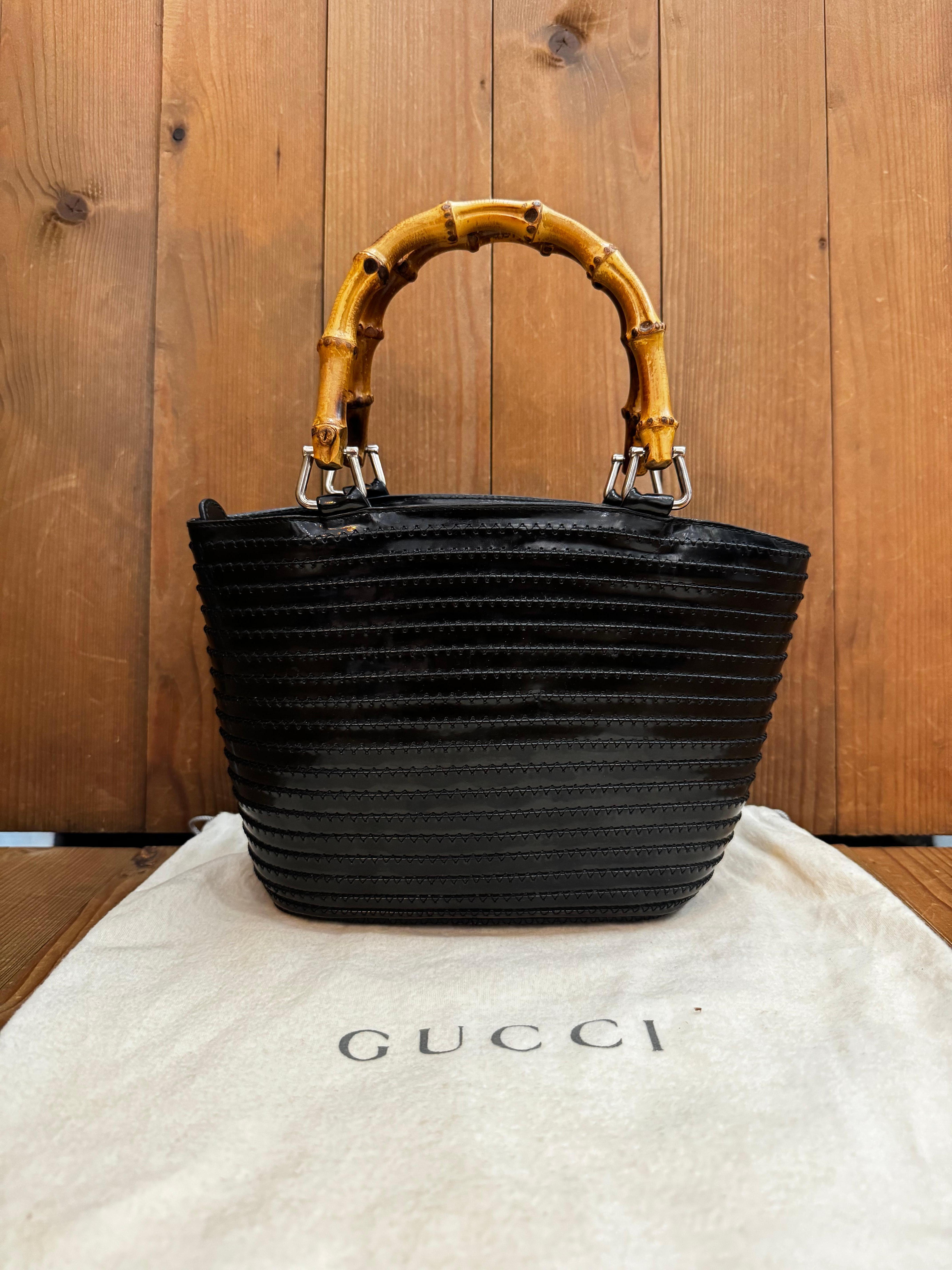 1990s Vintage GUCCI Mini Bamboo Tote Bag Leather Black In Fair Condition For Sale In Bangkok, TH
