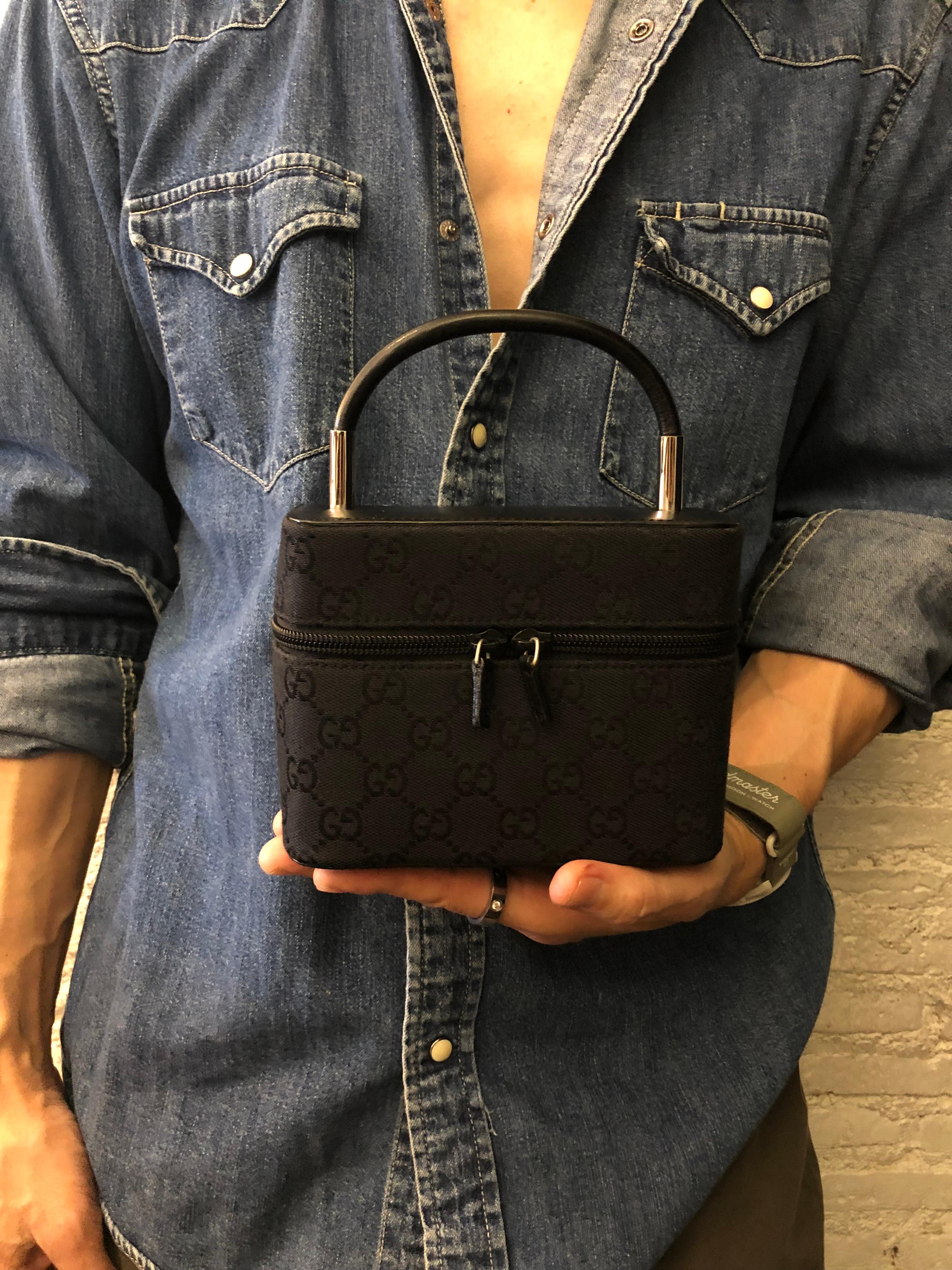 Women's 2000s Vintage GUCCI Mini GG Jacquard Vanity Case Handbag Black
