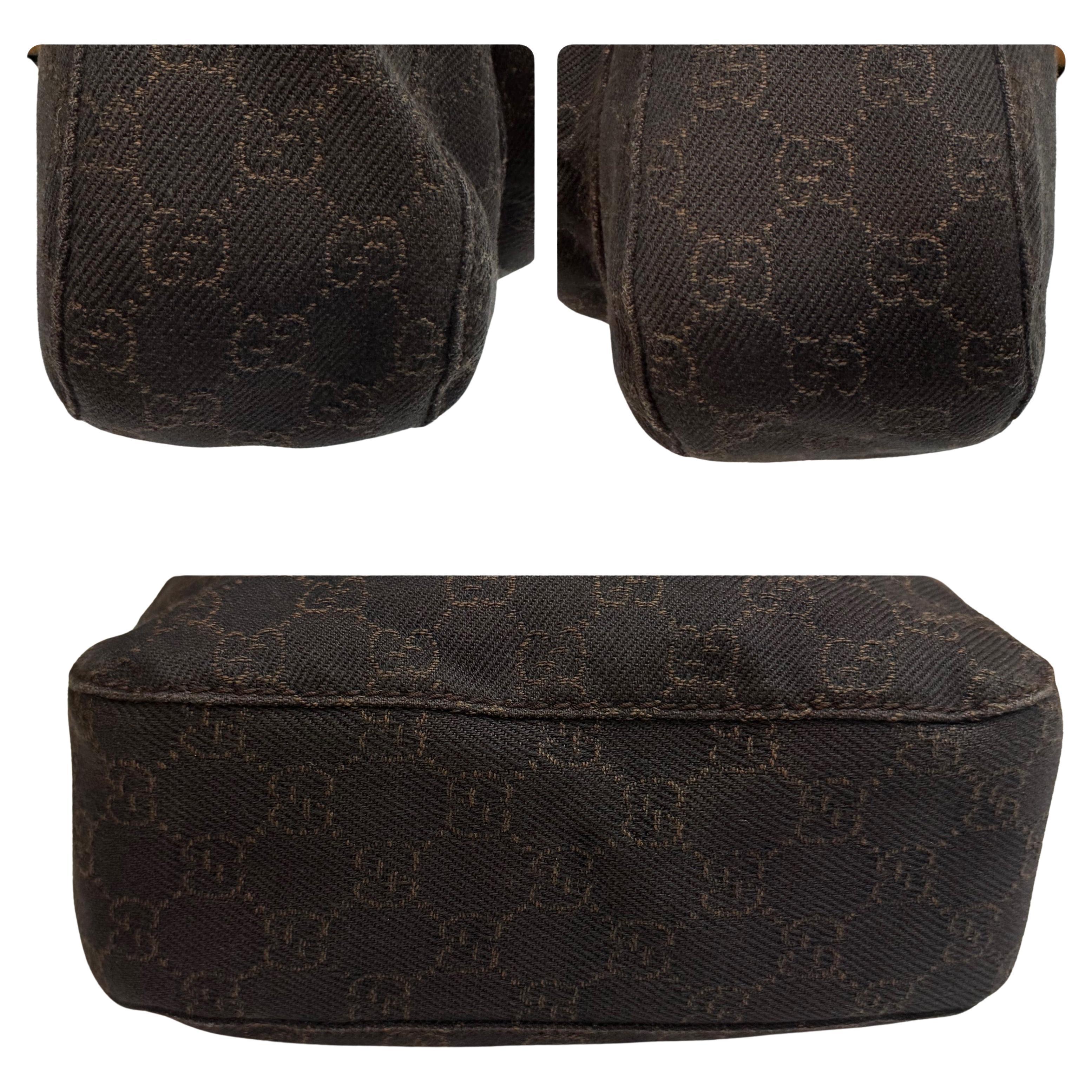 Women's or Men's 2000s Vintage GUCCI Monogram Denim Messenger Bag Brown For Sale