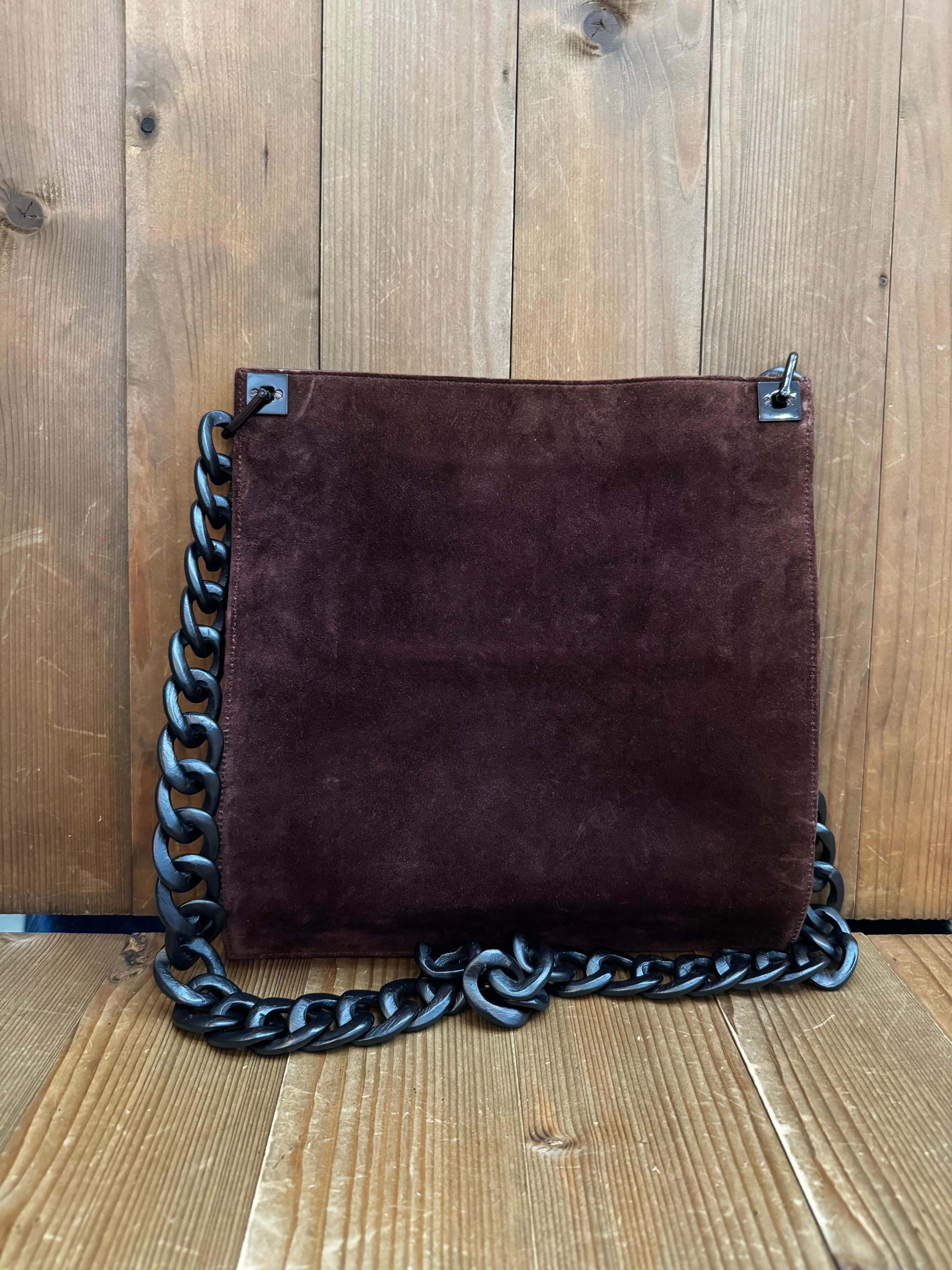 2000s Vintage GUCCI Nubuck Leather Flat Messenger Bag Brown Wood Chain In Fair Condition For Sale In Bangkok, TH