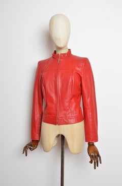 2000's Vintage Jean-Louis Scherrer Cherry Red Fitted Leather Biker Jacket