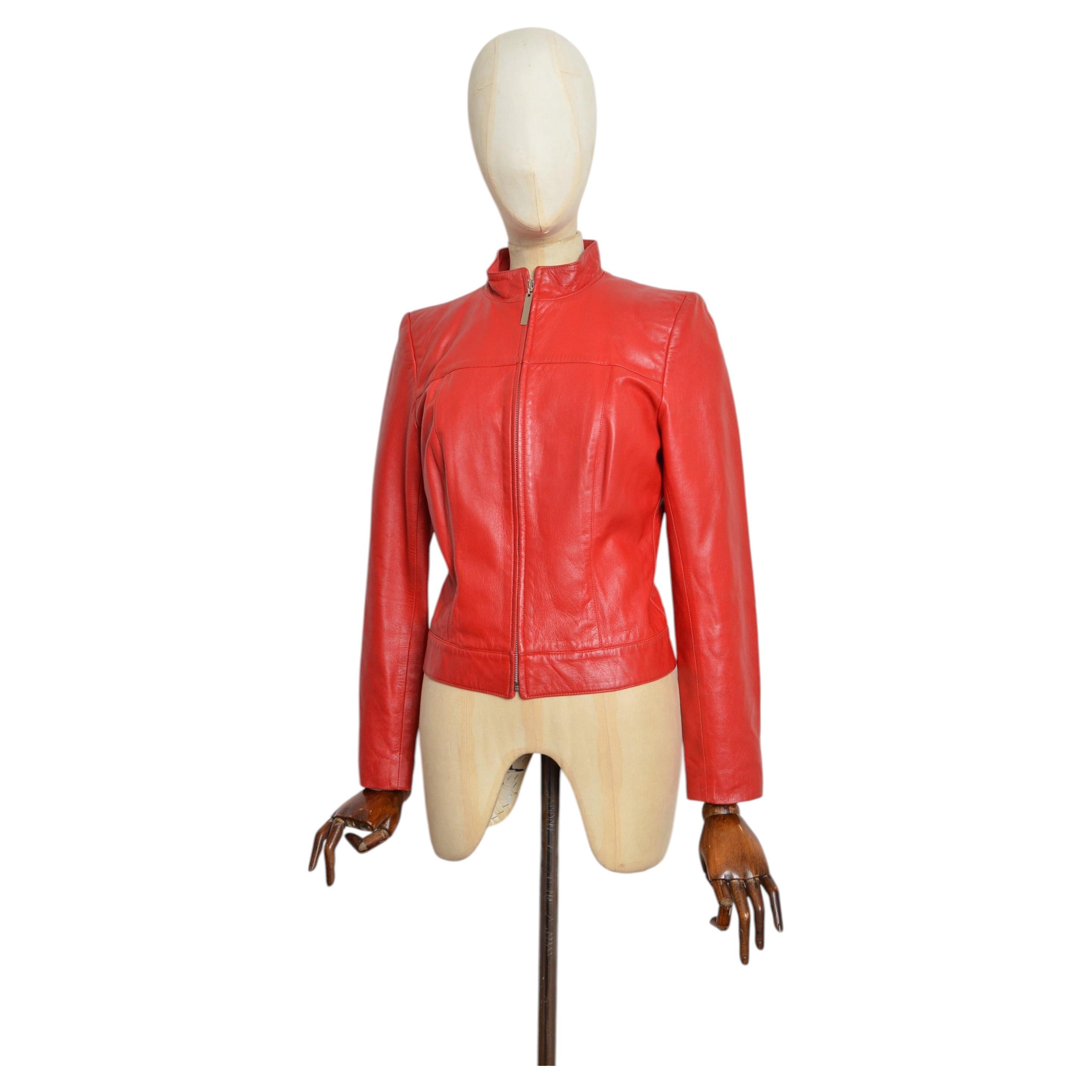 2000's Vintage Jean-Louis Scherrer Cherry Red Fitted Leather Biker Jacket