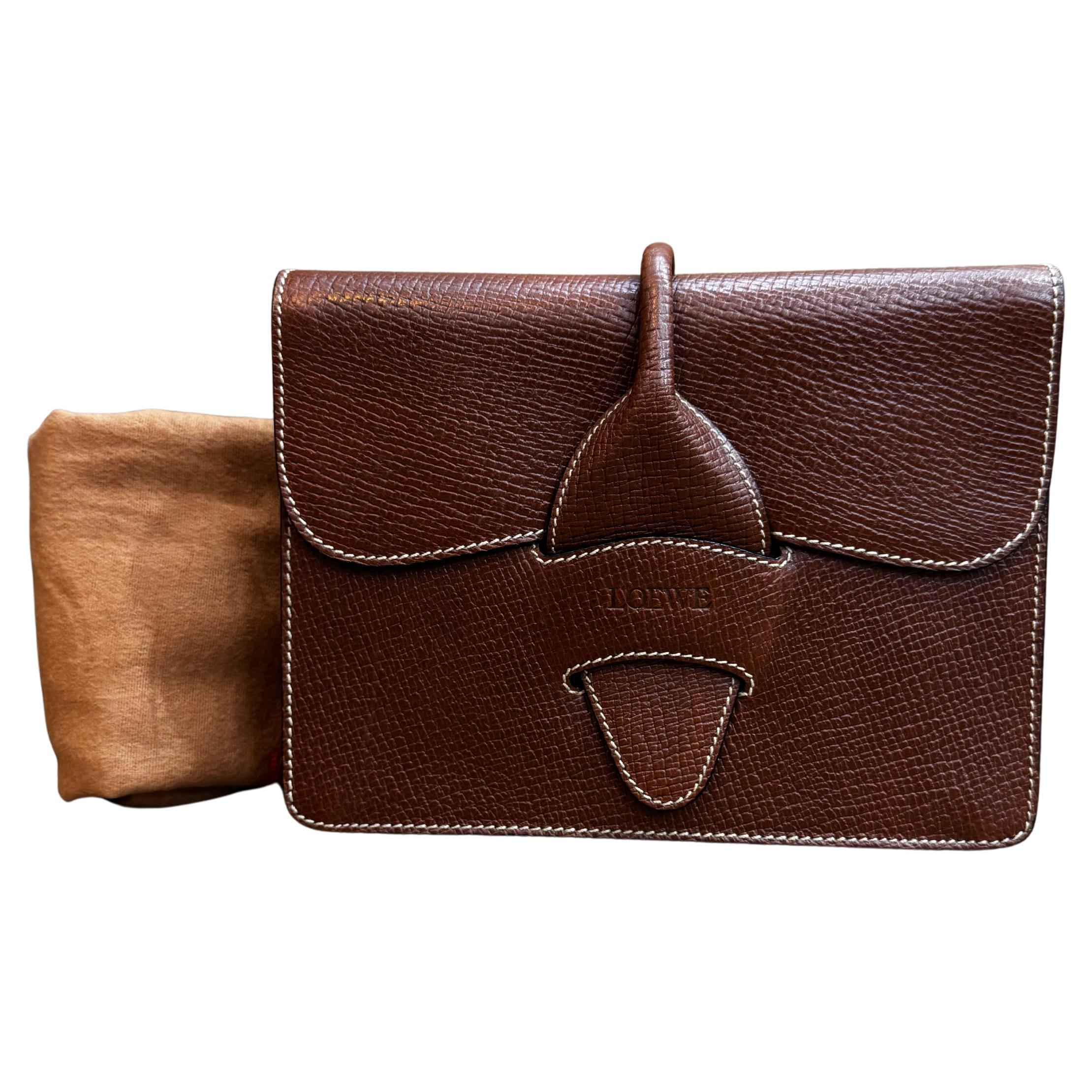 2000s Vintage LOEWE Embossed Leather Box Clutch Bag Brown For Sale