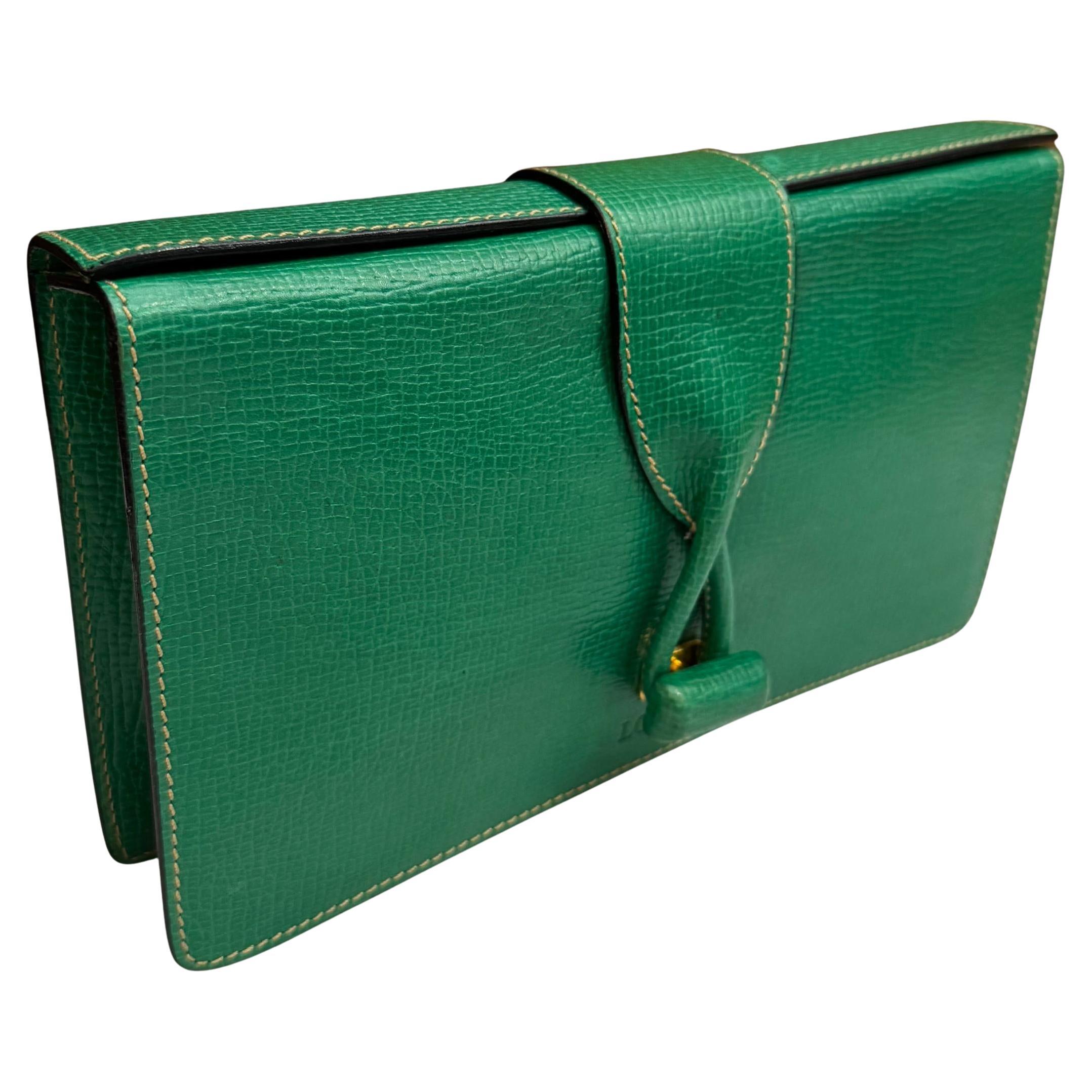 2000s Vintage LOEWE Caja de cuero repujado Bolso de embrague Verde en venta