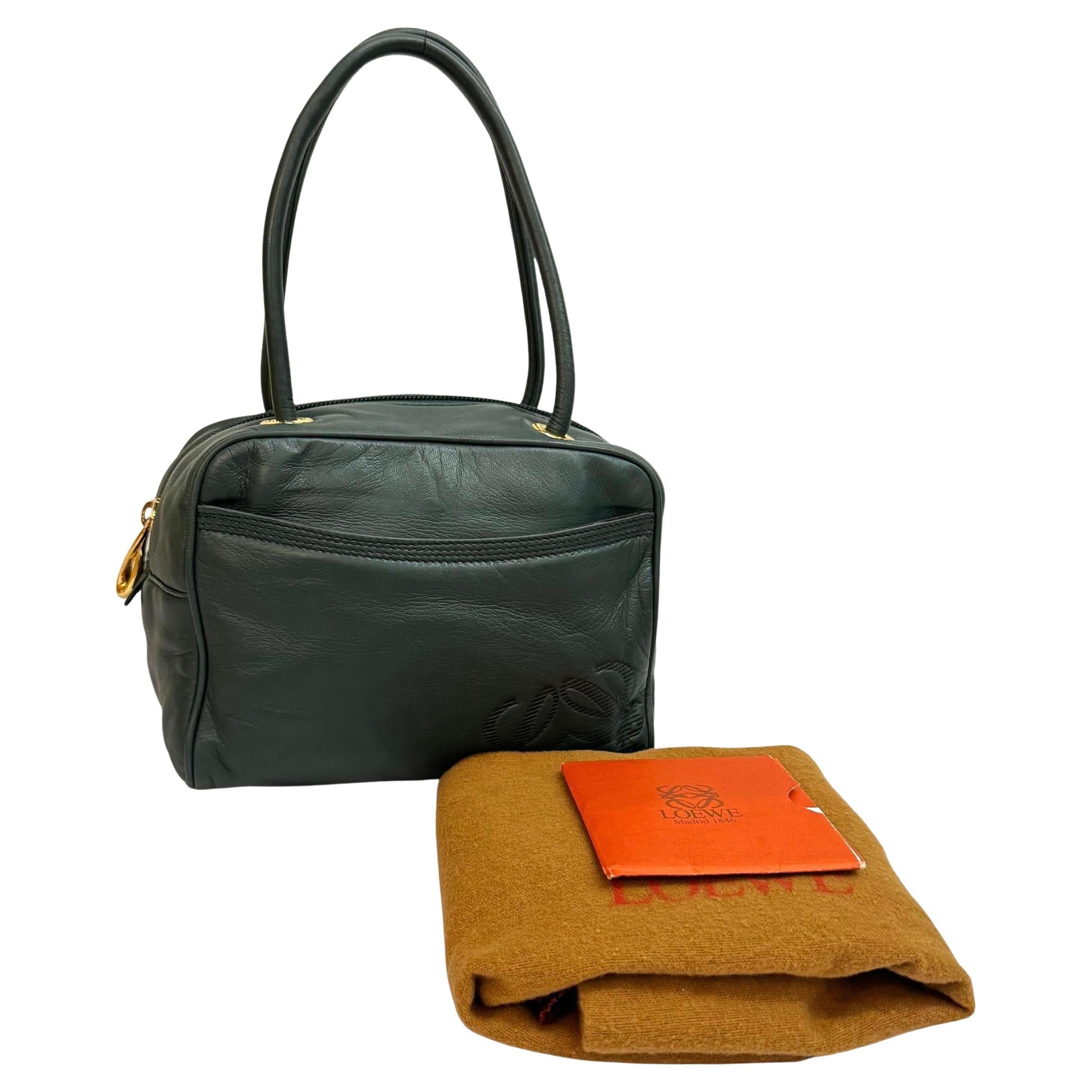 2000s Vintage LOEWE Anagram Calfskin Leather Mini Hand Bag Green