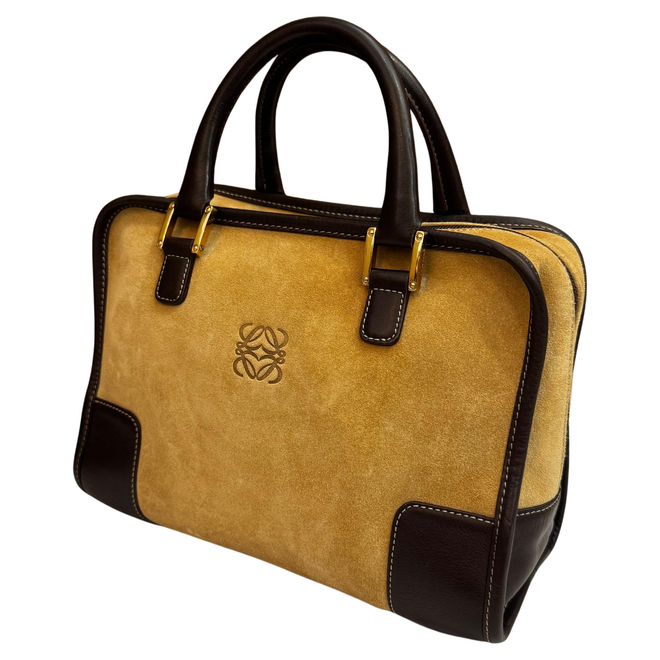 2000er Vintage LOEWE Wildleder Amazona Boston Tasche 28 Braun im Zustand „Gut“ im Angebot in Bangkok, TH