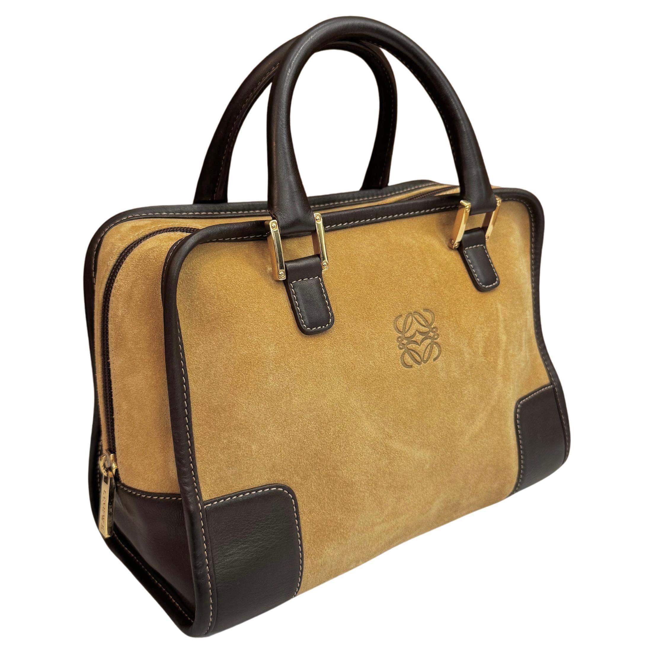 2000s Vintage LOEWE Suede Amazona Boston Bag 28 Brown For Sale 1