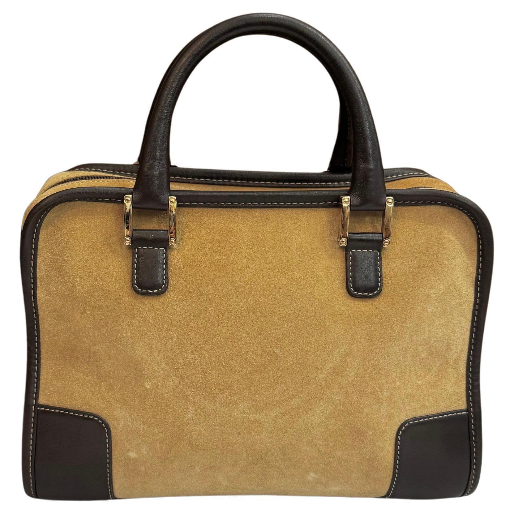 2000s Vintage LOEWE Suede Amazona Boston Bag 28 Brown For Sale 2