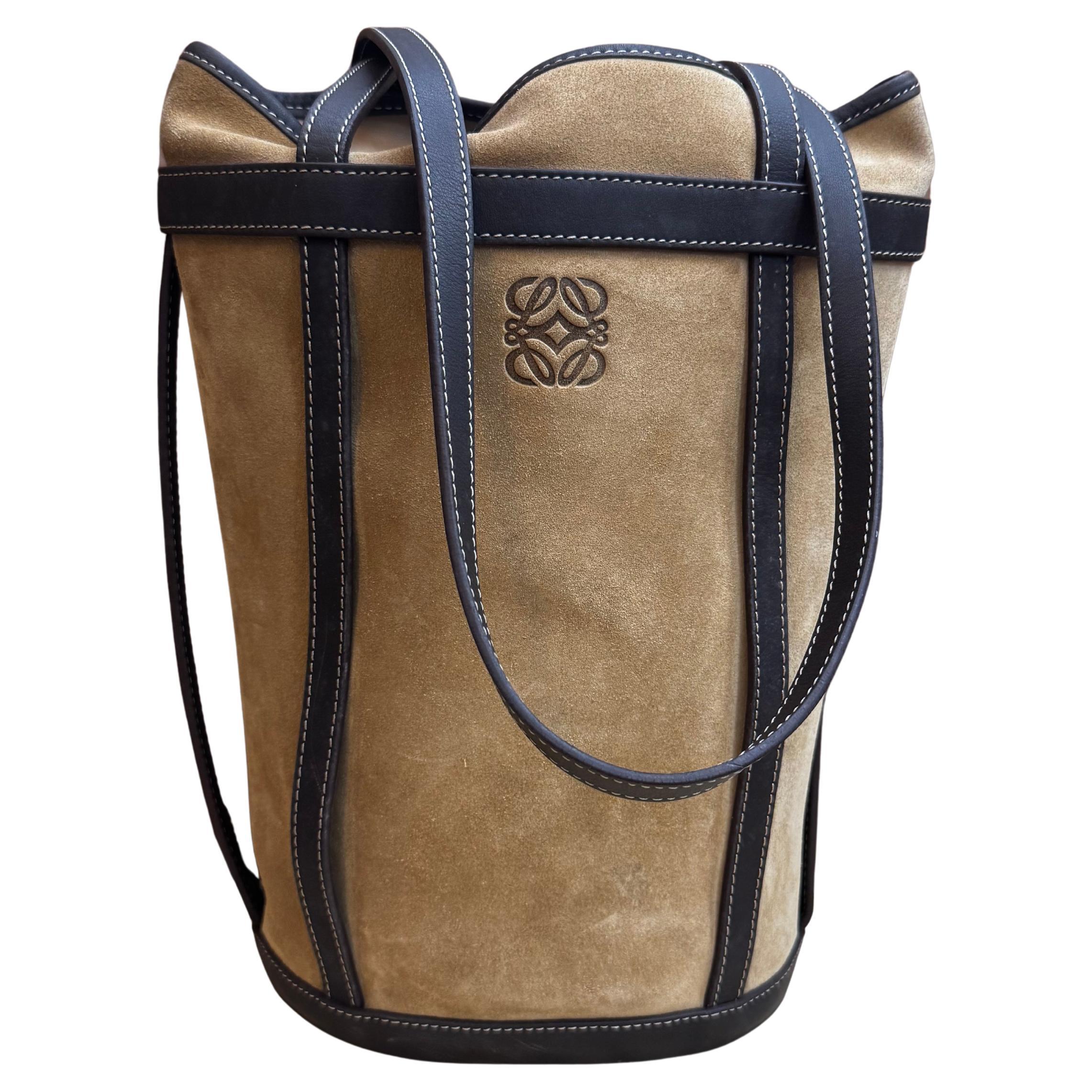 2000s Vintage LOEWE Suede Anagram Bucket Bag Brown
