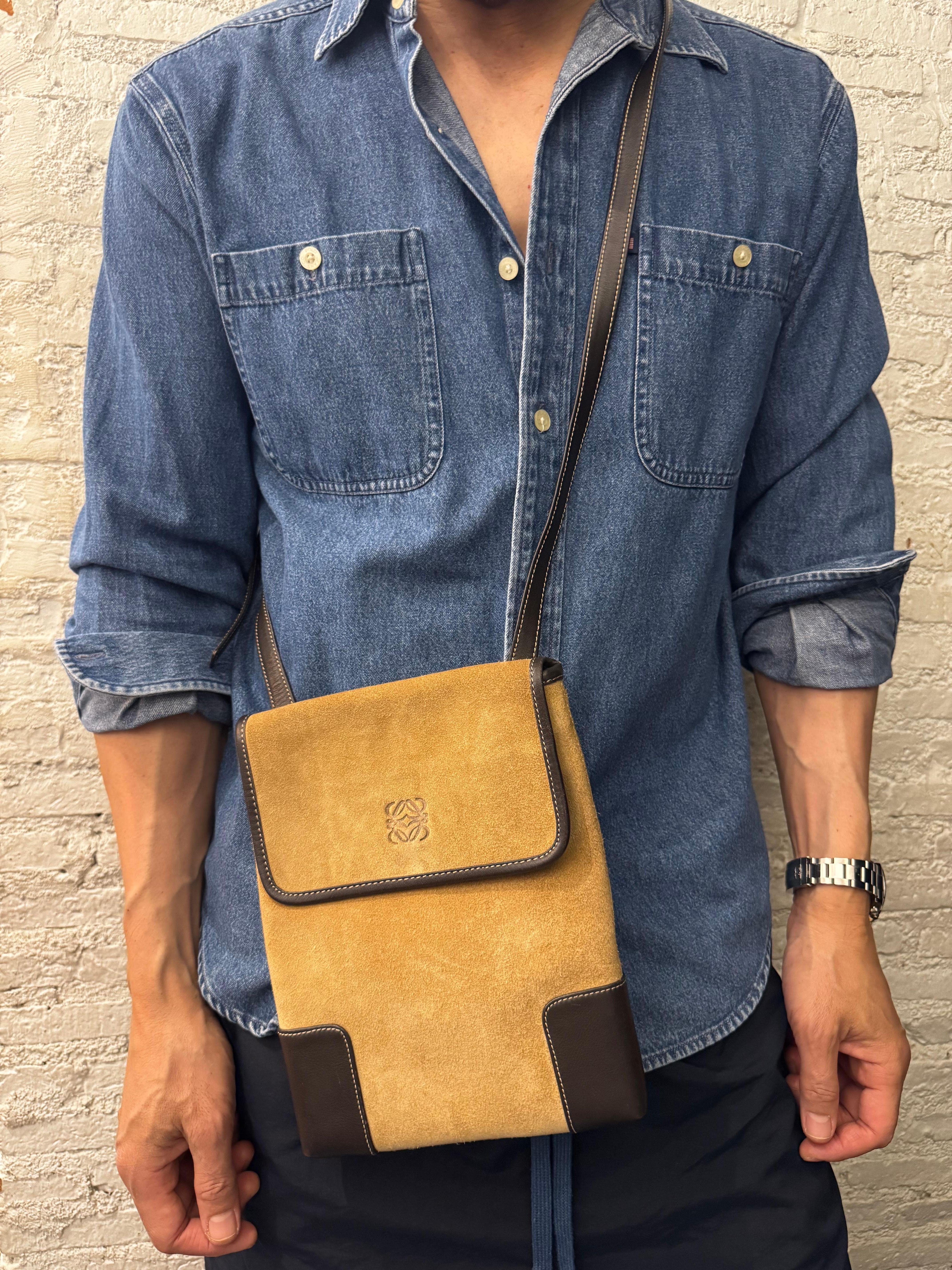 2000s Vintage LOEWE Suede Anagram Crossbody Bag Brown Unisex 1