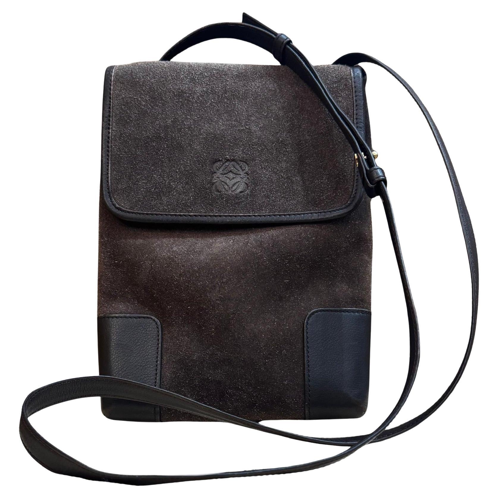 2000s Vintage LOEWE Suede Anagram Crossbody Bag Brown Unisex For Sale