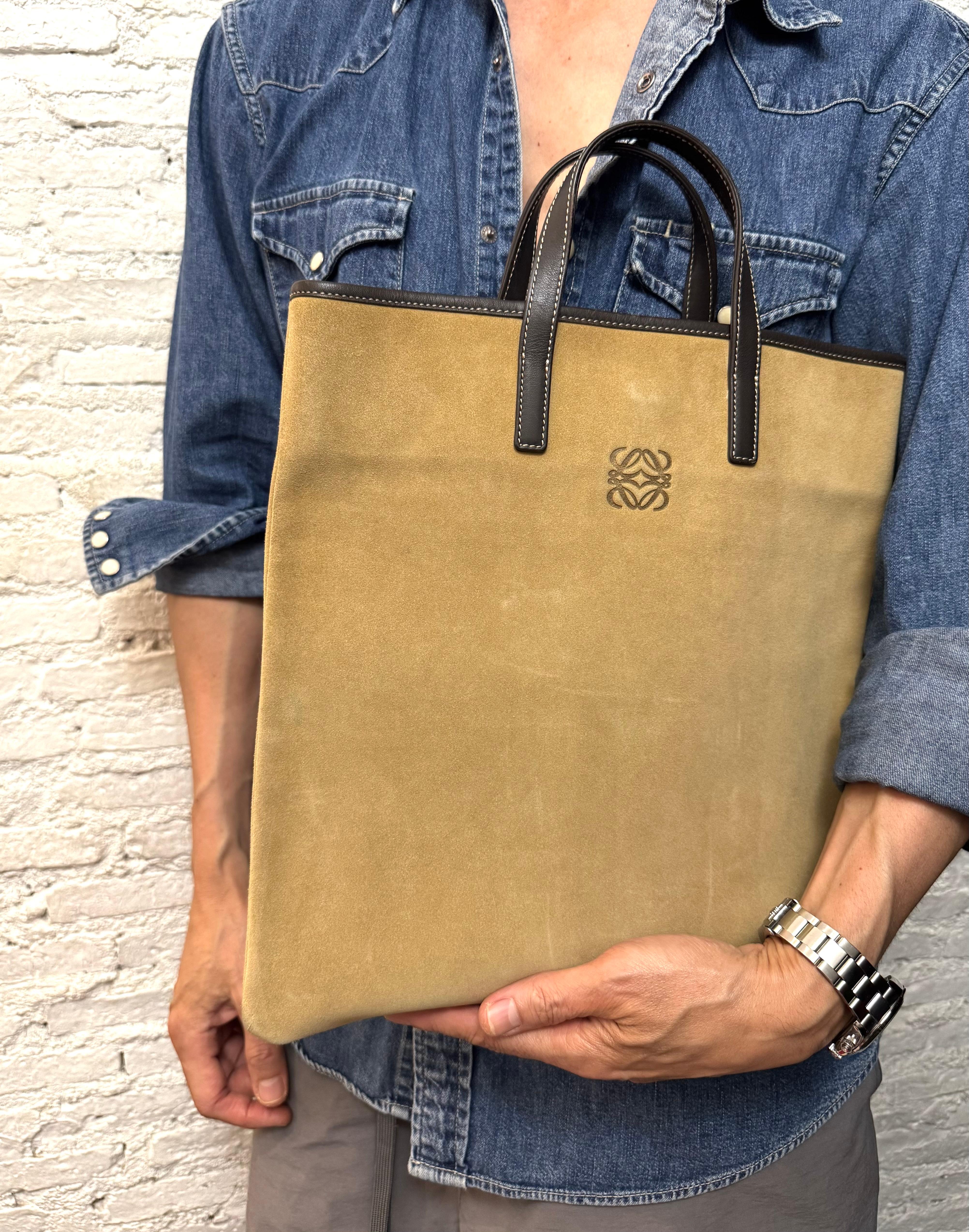 Women's or Men's 2000s Vintage LOEWE Suede Flat Tote Bag Beige Brown For Sale