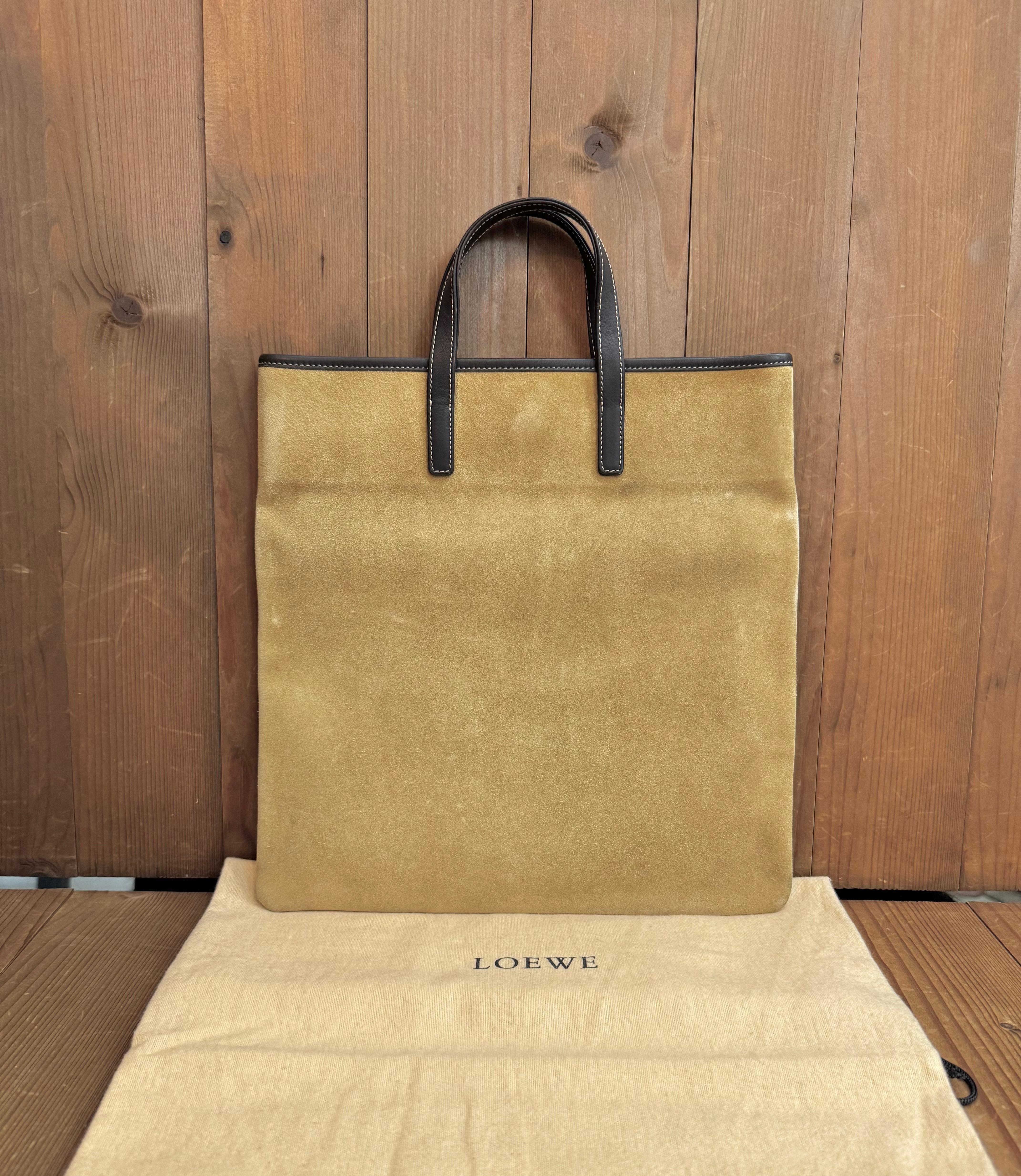 2000s Vintage LOEWE Suede Flat Tote Bag Beige Brown For Sale 2